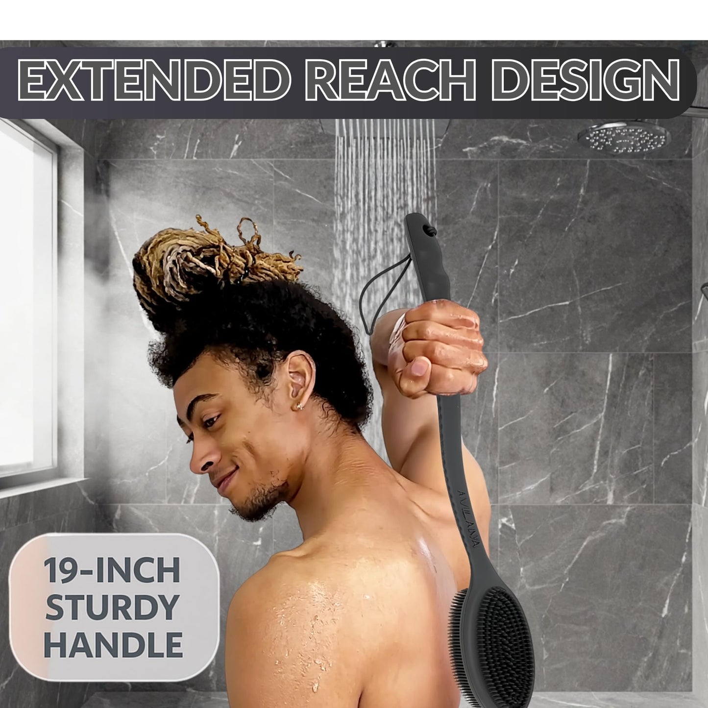 Avilana Silicone Body Scrubber - Food Grade & Lab Tested, Gentle Exfoliating Shower Brush for All Skin Types, Hygienic Quick-Dry Loofah Alternative, BPA-Free Body Brush (Blue, Long Handle)