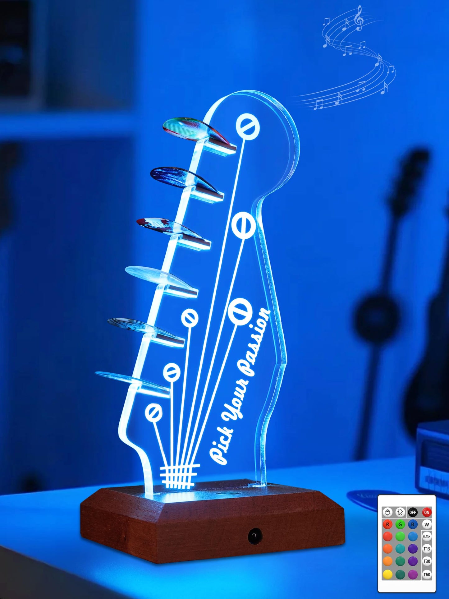 CoolGift Mart Light Up Guitar Pick Holder, Acrylic Wooden Electric Guitar Headstock Shaped Pick Holder with 16 Color Lights for Picks Storage and Display, Gift for Guitarists