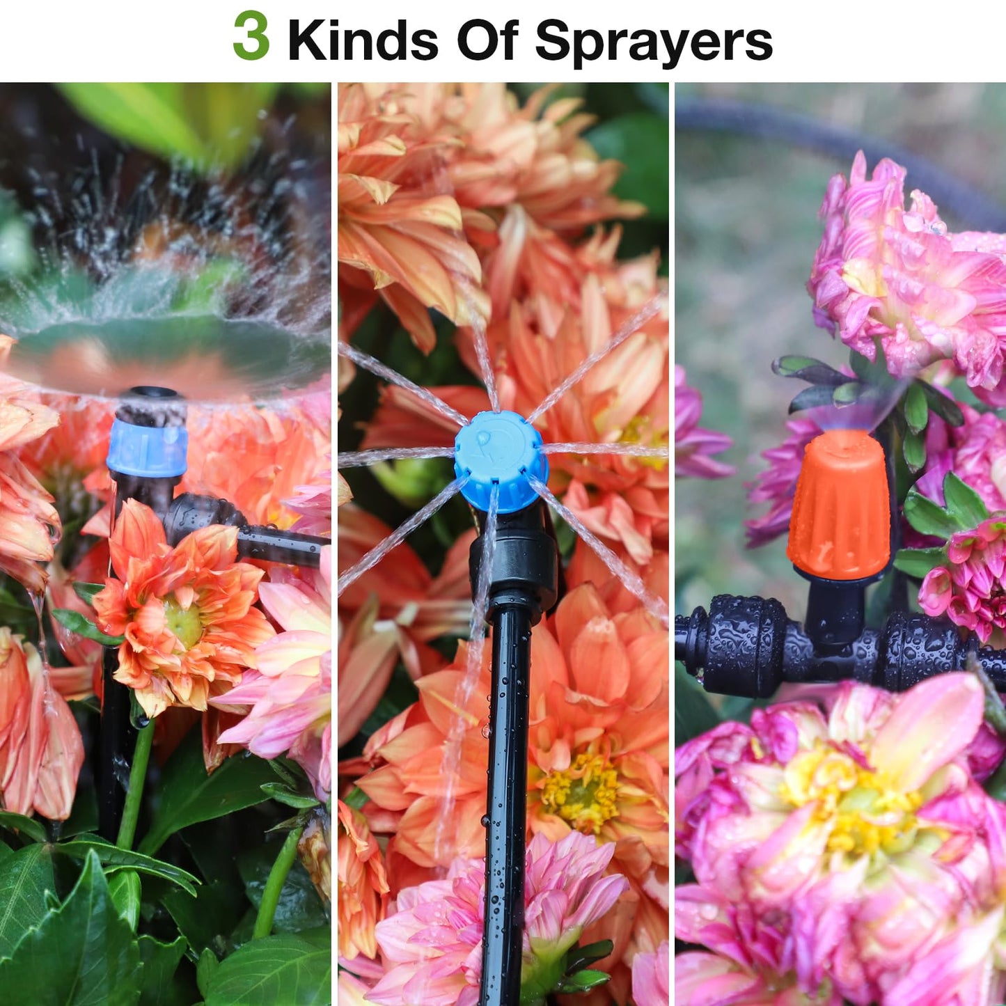 MIXC Greenhouse Micro Drip Irrigation Kit Automatic Irrigation System Patio Misting Plant Watering System with 1/4 inch 1/2 inch Tubing Hose Adjustable Nozzle Emitters Sprinkler Barbed Fittings