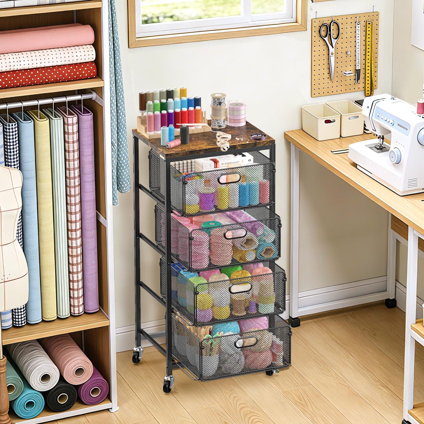 SUNALLY Rolling Storage Cart with Drawers, 4-Tier Utility Cart Snack Organizer with Lockable Wheels Metal Kitchen Storage Drawer Cart on Wheels with Wooden Top for Art Craft Bathroom Bedside, Black
