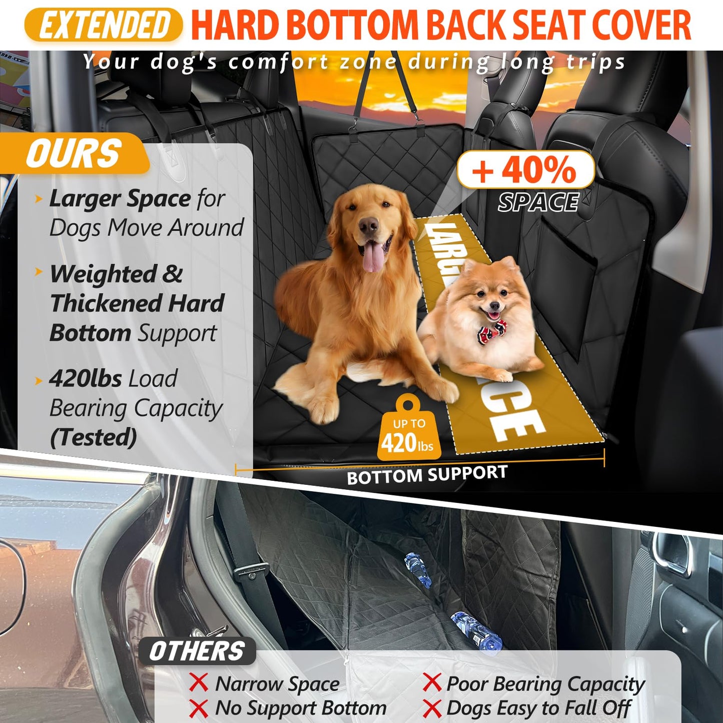 ROUWINNE Back Seat Extender for Dogs-Large Space, Dog Car Seat Cover Hard Bottom Holds 400lbs, Sturdy Backseat Extender for Dogs, Waterproof Dog Hammock for Car Dog Car Bed for Car, SUV, Truck Black