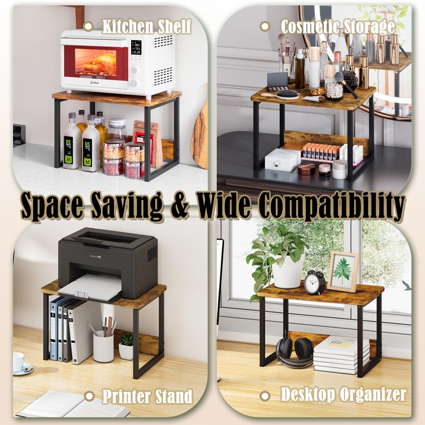 MARTY Kitchen Countertop Organizer Cabinet Shelf, 17.3x12.6 Large Spice Racks Counter Shelf Microwave Oven Rack Desktop Storage Organization for Kitchen, Office, Metal & Wood, Rustic Brown