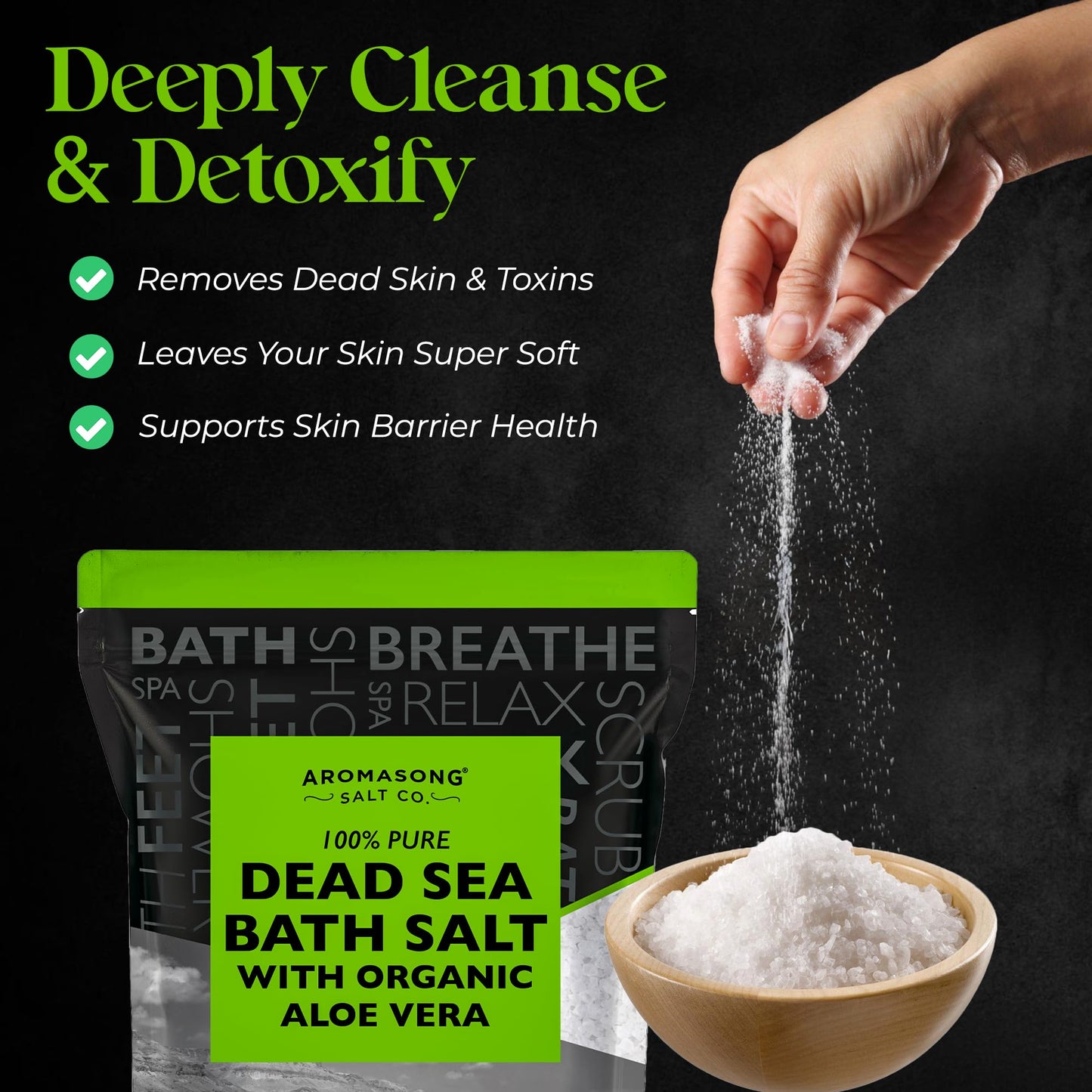 Aromasong Dead Sea Salt with Organic Aloe Vera, 5 Lbs Fine Grain Large Bulk resealable Pack, 100% Pure & Natural, Used for Body wash Scrub, Soak for Women & Men for Tired Muscles & Skin Issues.