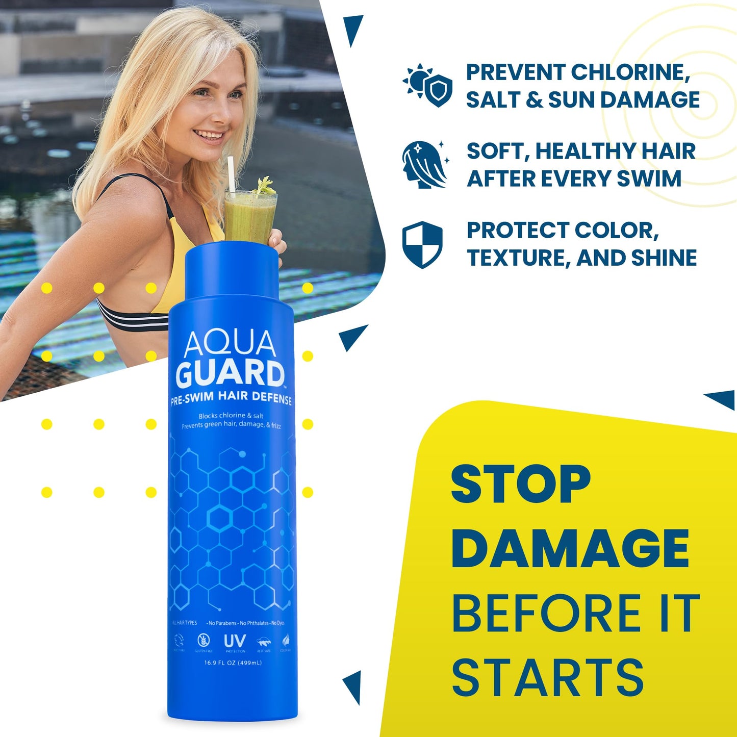 AquaGuard Pre-Swim Hair Defense | Prevents Chlorine Damage + Softens Hair | Color Safe, Great Smelling | Made in California | 16.9 oz