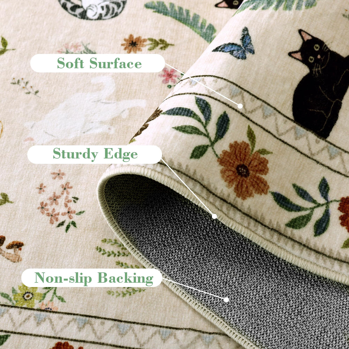 AIMPEAK 4ft Round Washable Area Rug - Non Slip Low Pile Cat Floral Boho Circular Carpet for Dining Table Under, Entryway, Living Room, Bedroom, Nursery, Kids Room, Beige Multi