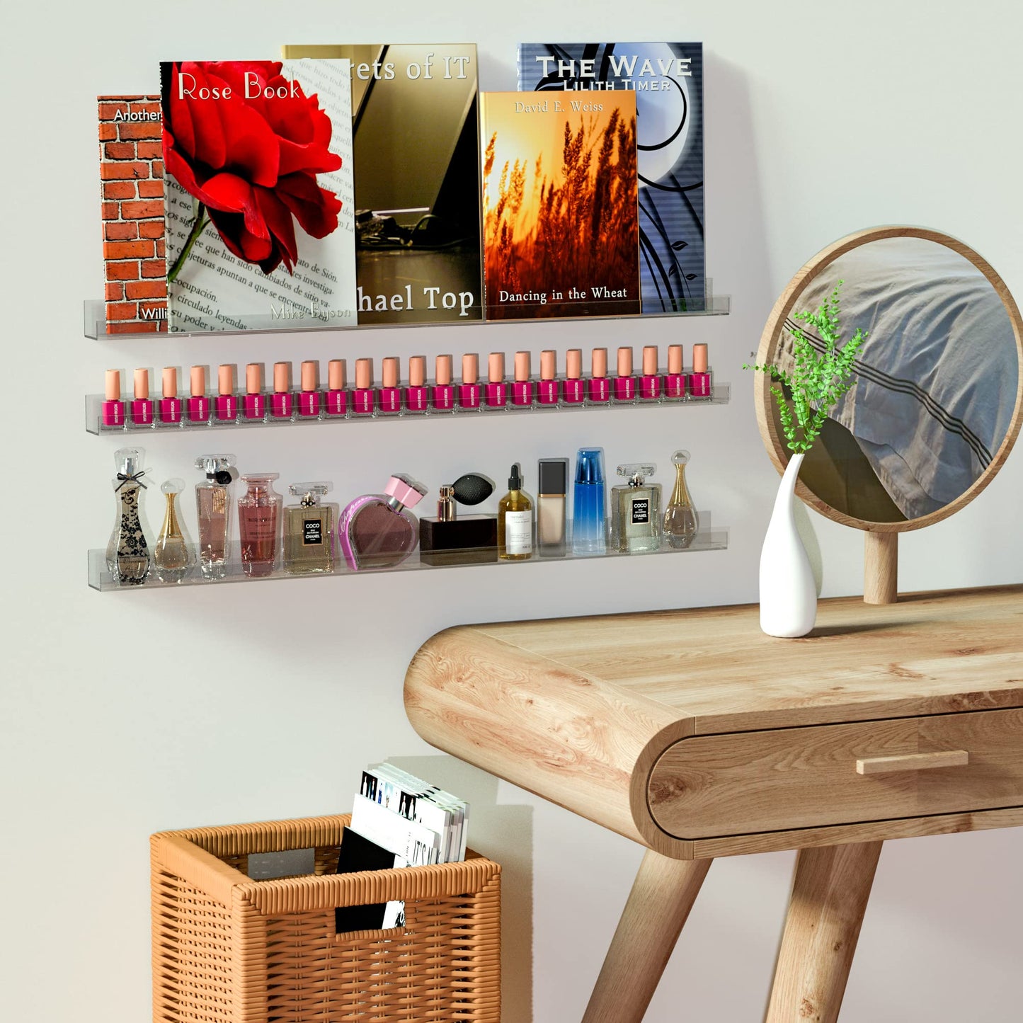 Sezanrpt Nail Polish Rack Shelf for Wall, Clear Nail Polish Organizer Wall Mounted, 32 Inches Acrylic Nail Polish Shelf for 192 Bottles, 6 Pack…