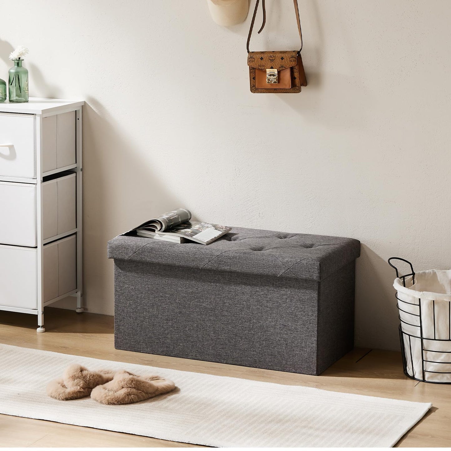 Sweetcrispy Folding Storage Ottoman Bench, Light Grey, Entryway Bench for Living Room, Ottomans with Storage for Bedroom, Heavy Duty 660 lbs Load Capacity, Linen Footrest Seat