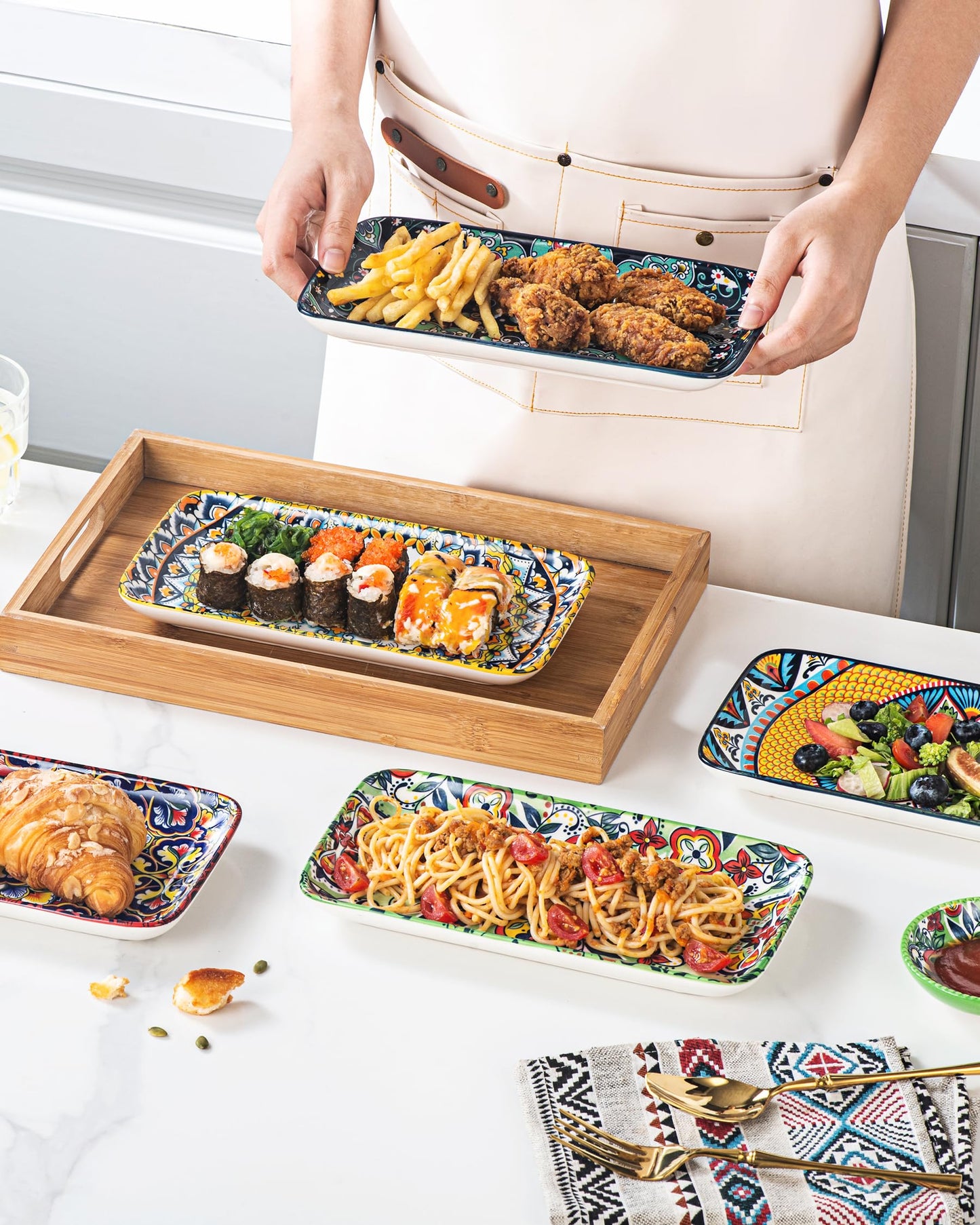 HENXFEN LEAD 10 Inch Rectangular Dinner Plates Set of 6 – Colorful Boho Design Porcelain Plates for Salad, Appetizer, Sushi & Dessert – Microwave, Oven & Dishwasher Safe