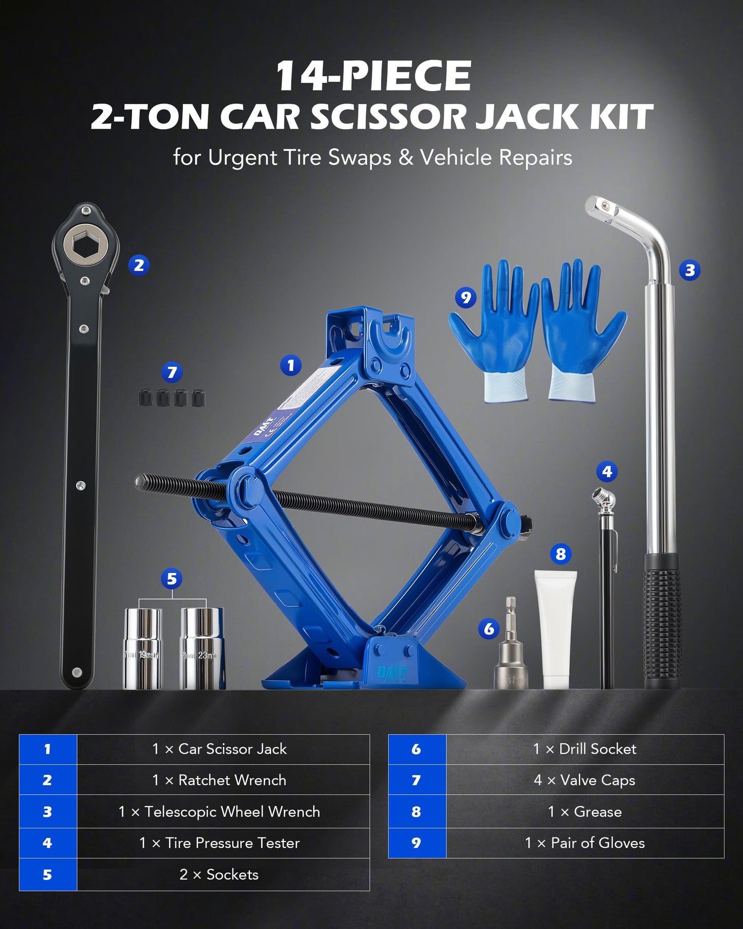 Orion Motor Tech 2 Ton Scissor Lift Jack, 14 pc. Car Jack Kit for Sedan SUV MPV with Drill Socket Ratchet Wrench, Portable Scissor Jack and Stand Kit, Heavy Duty Car Jack for Spare Tire Changing