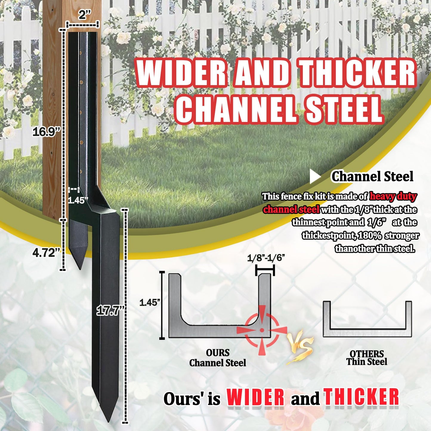 Fence Post Repair Steel Stakes: Anchor Ground Spike 2 Pack Support Bracket for Wood Fence Mender Kit