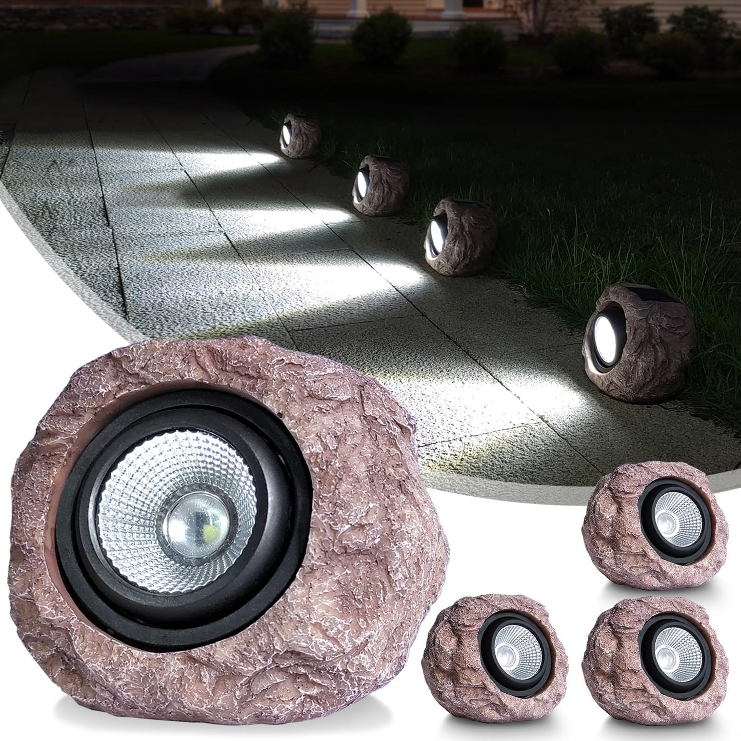 Outdoor Solar Rock Light - 4 Pack, Fake Rock IP65 Waterproof LED Super Bright Spotlight for Deck, Staircase, Woods Garden, Walkway, Patio Pond Garden Decorative Nighttime Landscape Filler Lights