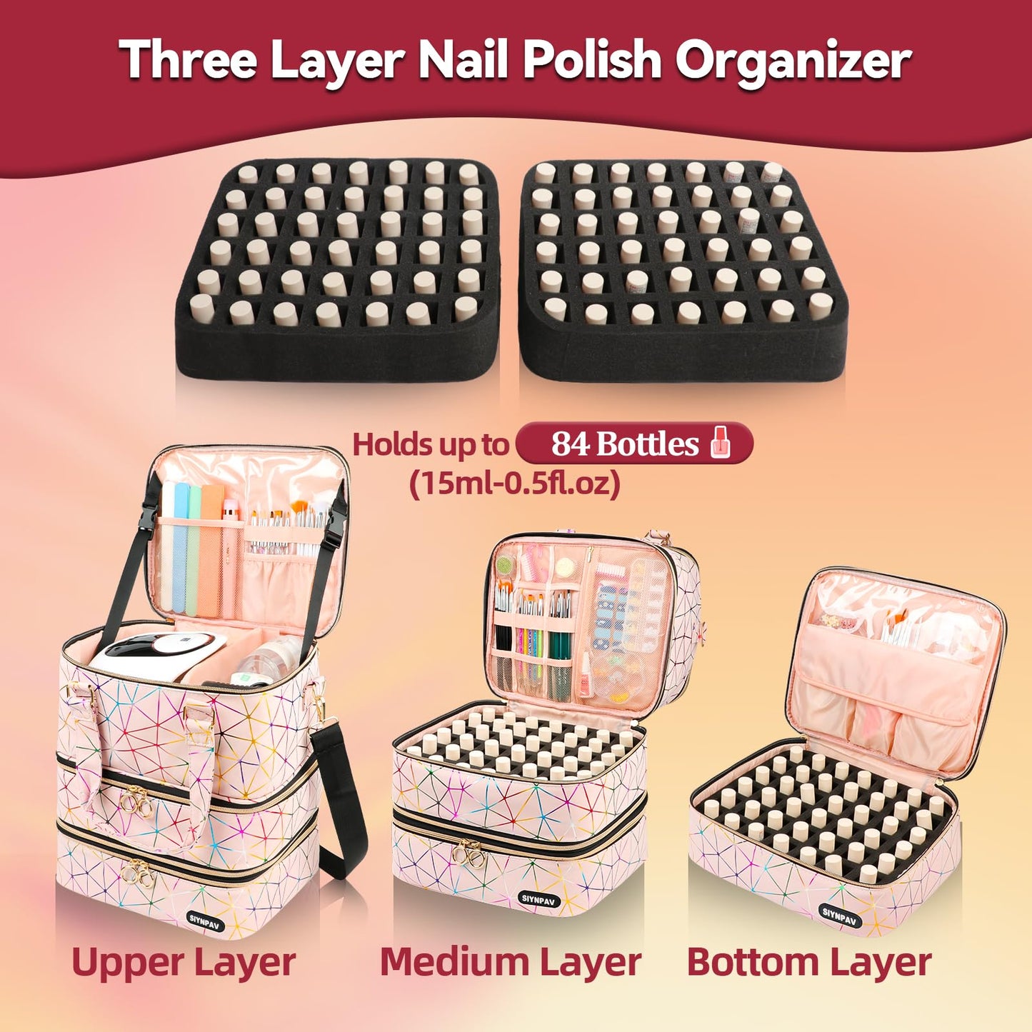SIYNPAV Nail Polish Organizer, Pink, XL Large-84 Bottles, Three Layer Detachable Nail Polish Bag Organizer Carrying Case With Shoulder& Holder Strap