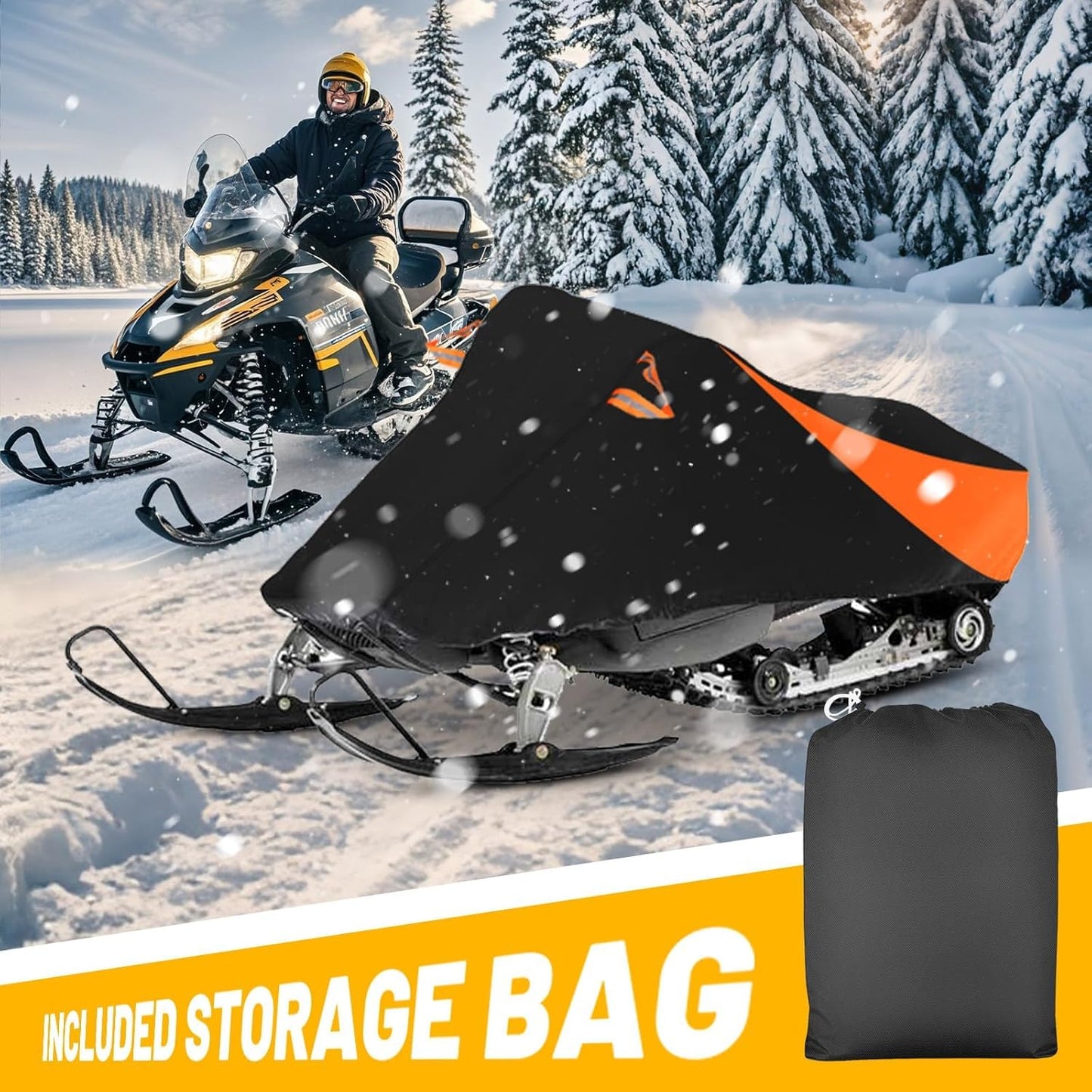AUTOLION Waterproof Snowmobile Cover, Compatible with Polaris Ski Doo Arctic Cat Yamaha, Windproof Snowshield Cover with Windproof Buckles (130''L × 51''W × 48''H) Black and Orange