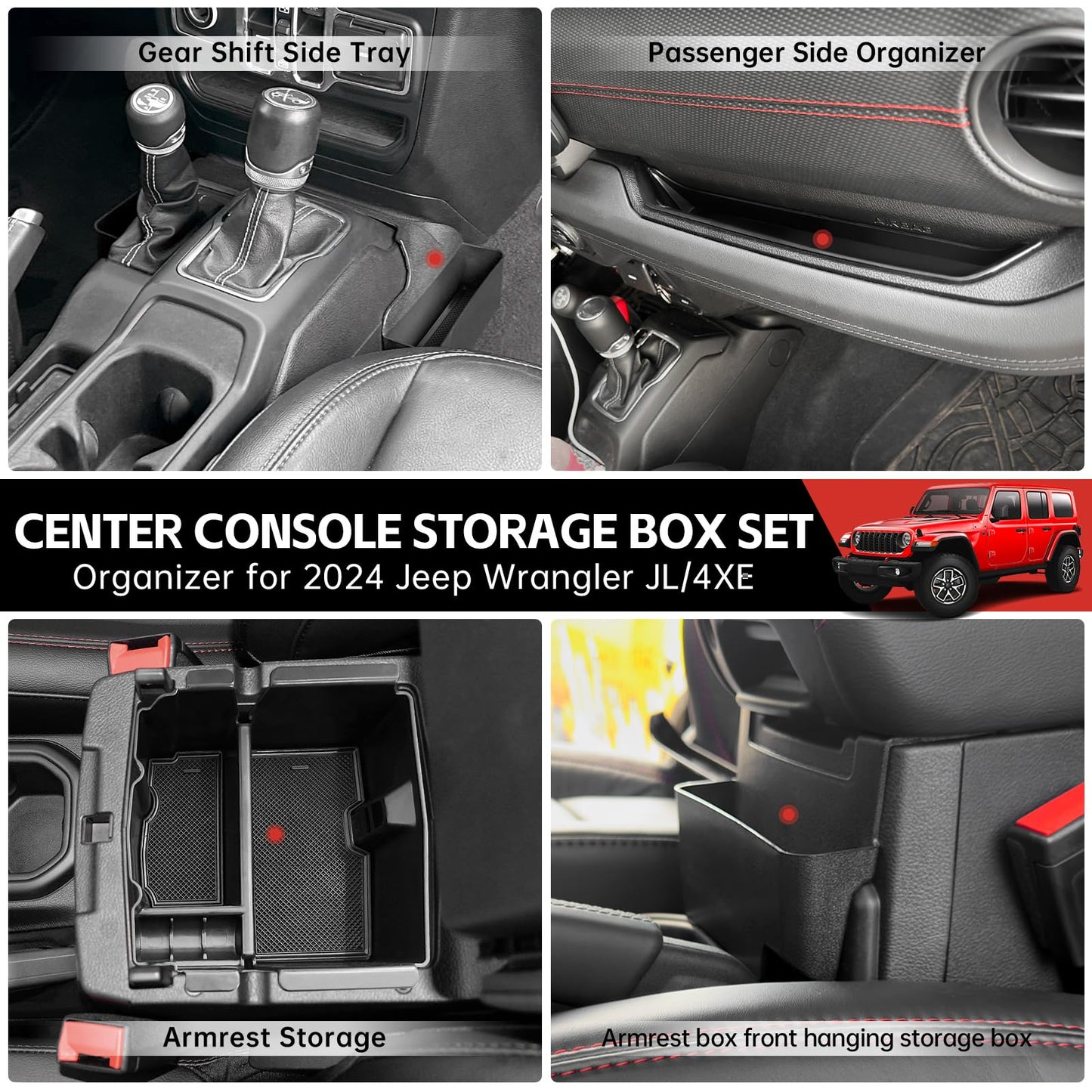 Utiiy Center Console Organizer for 2024 2025 Jeep Wrangler JL JLU 4XE/Gladiator JT Gear Shift Console Side Tray GrabTray Passenger Hanging Armrest Storage Box for Wrangler&Gladiator(24+ 4-piece)
