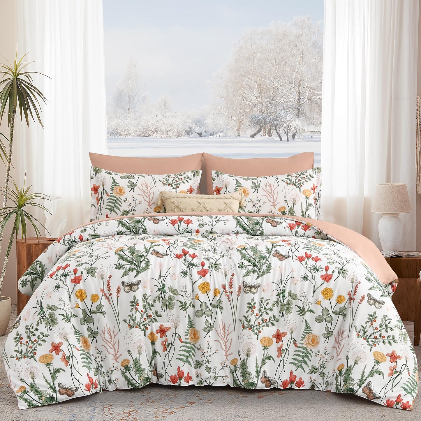 Yiran 7 Piece Floral Comforter Set King Size, White Green Summer Comforter Bedding Set, Botanical Bed in a Bag with Flowers Pattern, Soft Microfiber Complete Bedding Set with Sheets for All Season