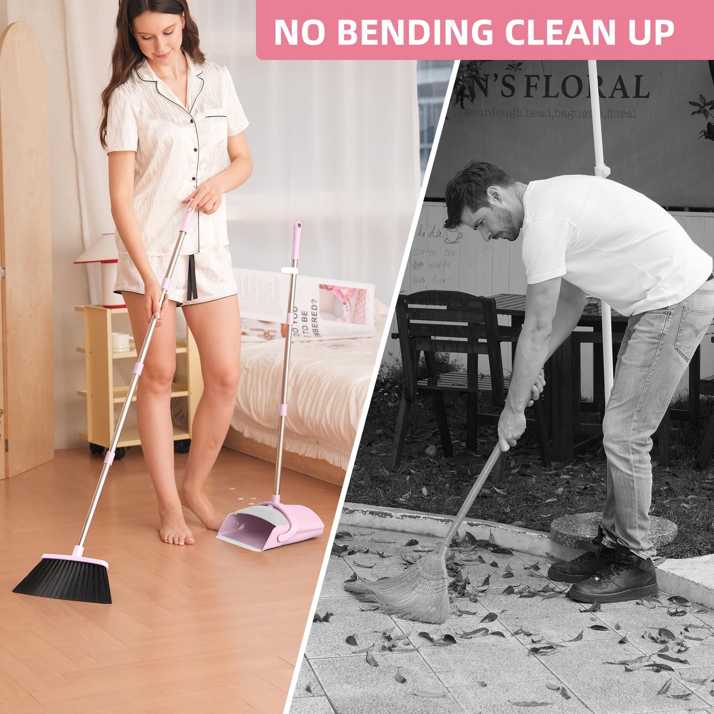 BSKLIN Pink Broom and Dustpan Set, 52” Long Adjustable Handle Broom with Dustpan Combo Set with Dust Pan Teeth to Clean Hair for Home Lobby Office