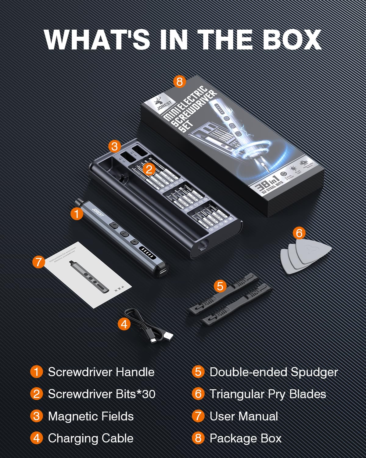 JOREST Mini Electric Screwdriver, Precision Set with 38-in-1 Magnetic Bits, 5 Torque Settings, LED Light, Repair Tool Kit for iPhones, Laptop, Drone, Game Console, Camera, Glasses, Watches, Toys