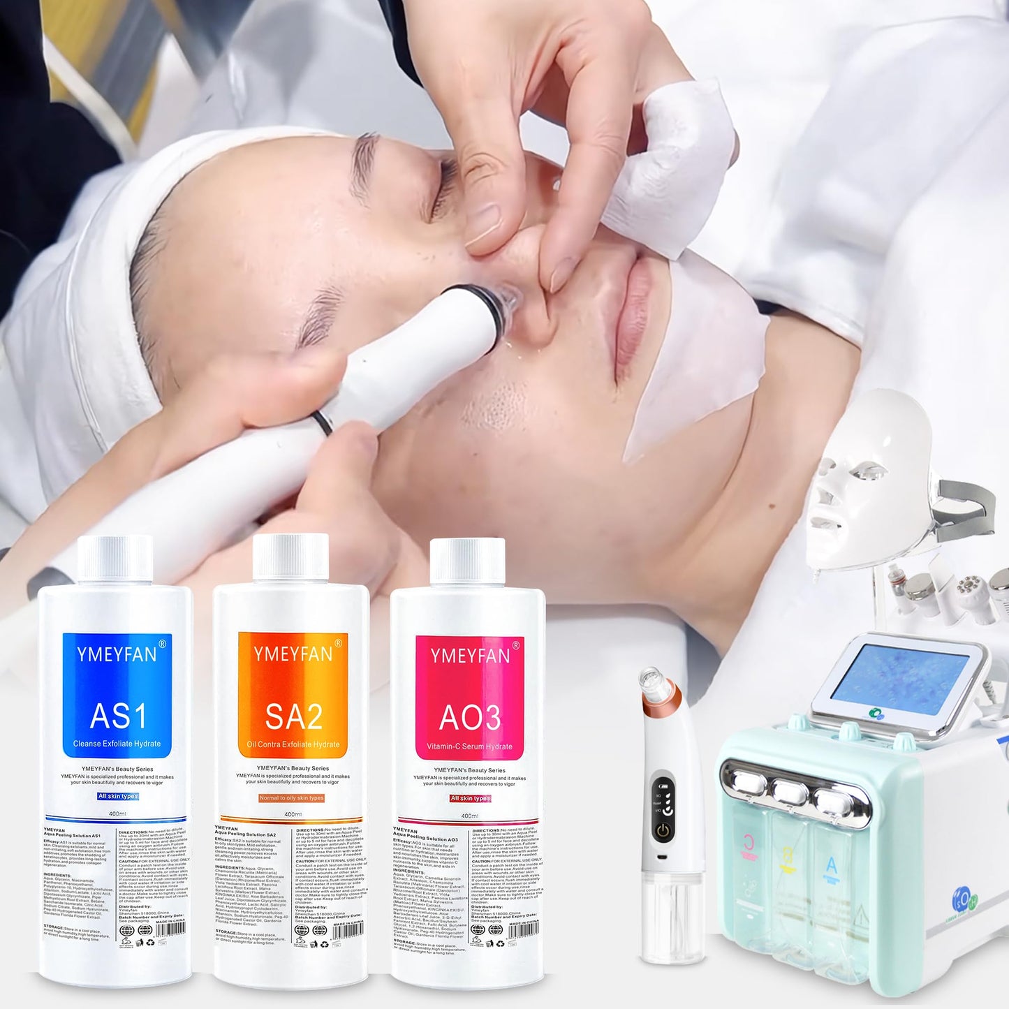 YMEYFAN AS1 SA2 AO3 Hydrate Facial Solution (English Ver.) for Hydra Machine SPA Salon Facial, Aqua Peeling Solution for Small Bubble Facial Machine Cleansing, Exfoliate, Hydrating (400ml Mix 3PCS)
