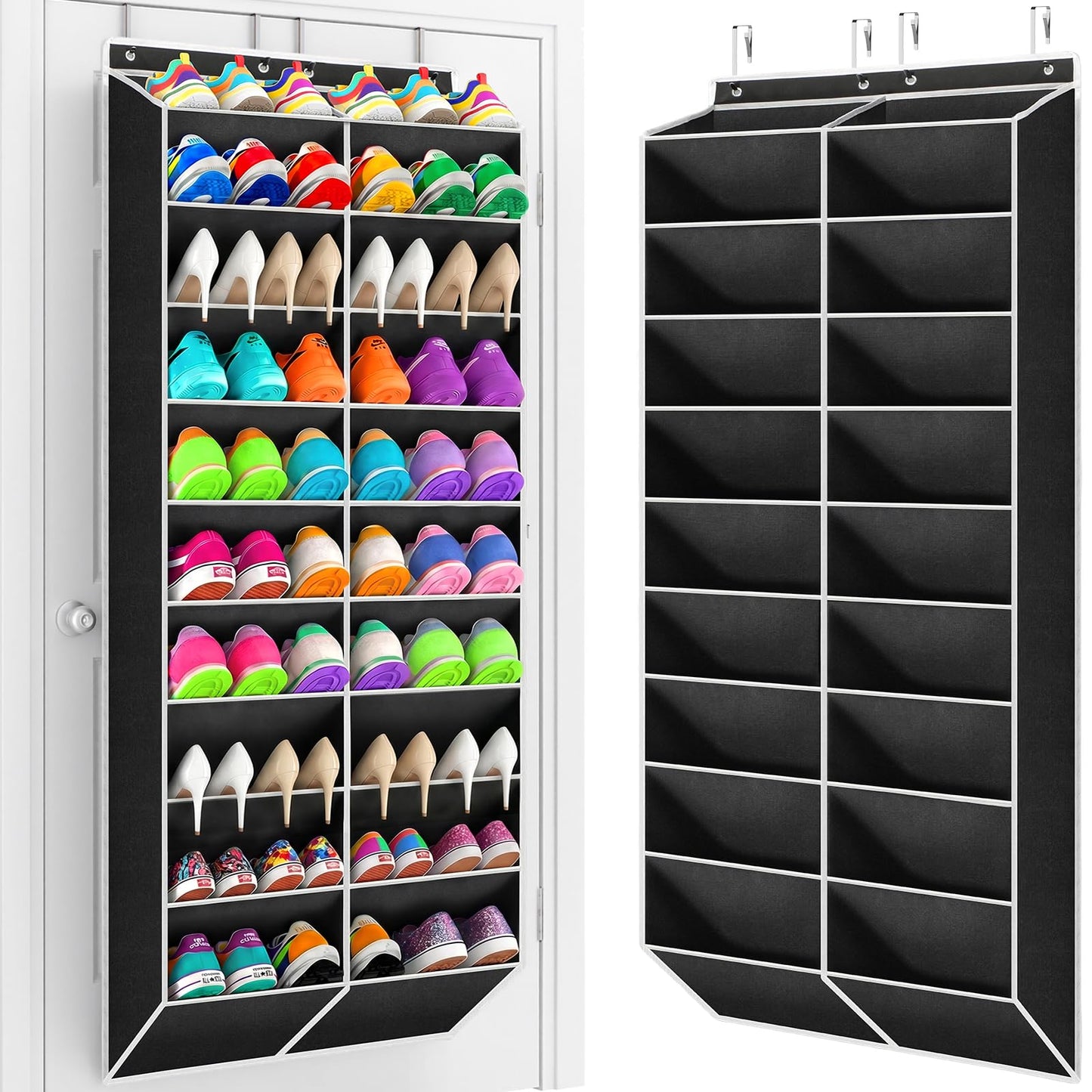 Yecaye 8 Tier Over the Door Shoe Organizer of Deep 16 Compartments, 50lbs Load Shoe Rack for Door in Oxford Holds 16-24 Pairs, Stain-Resistant Hanging Shoe Organizer for Closet, Black