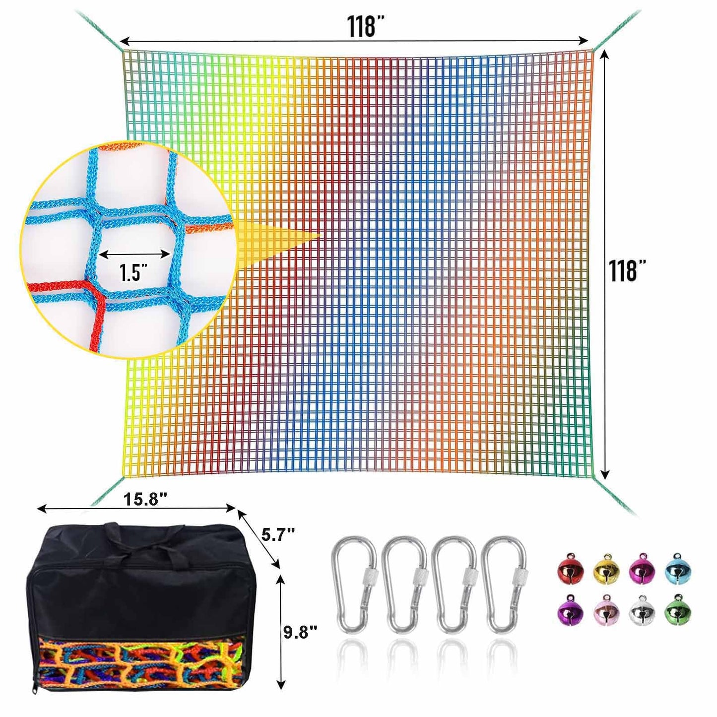 LPIW Climbing Net for Kids - 9.9FT x 9.9FT Double Layers Heavy Duty Playground Safety Net, Climbing Cargo Net for Tree House Tree Fort, Back Yard, Jungle Gyms, Monkey Bar Security Mesh(Rainbow)