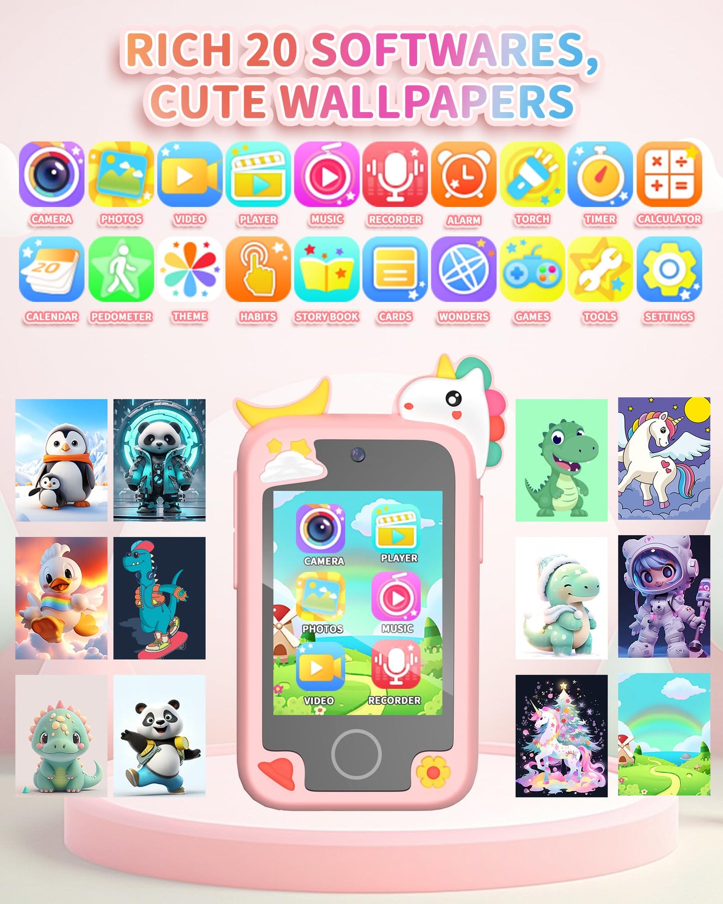 Upgrade Mini Kids Toy Pretend Smartphone, Unicorn Selfie Phone with 2.8” Touchscreen - Rich 20 Learning Games - Dual Camera - Music Player, for 3-10 Years Old Boys Girls, 32GB Card, Pink