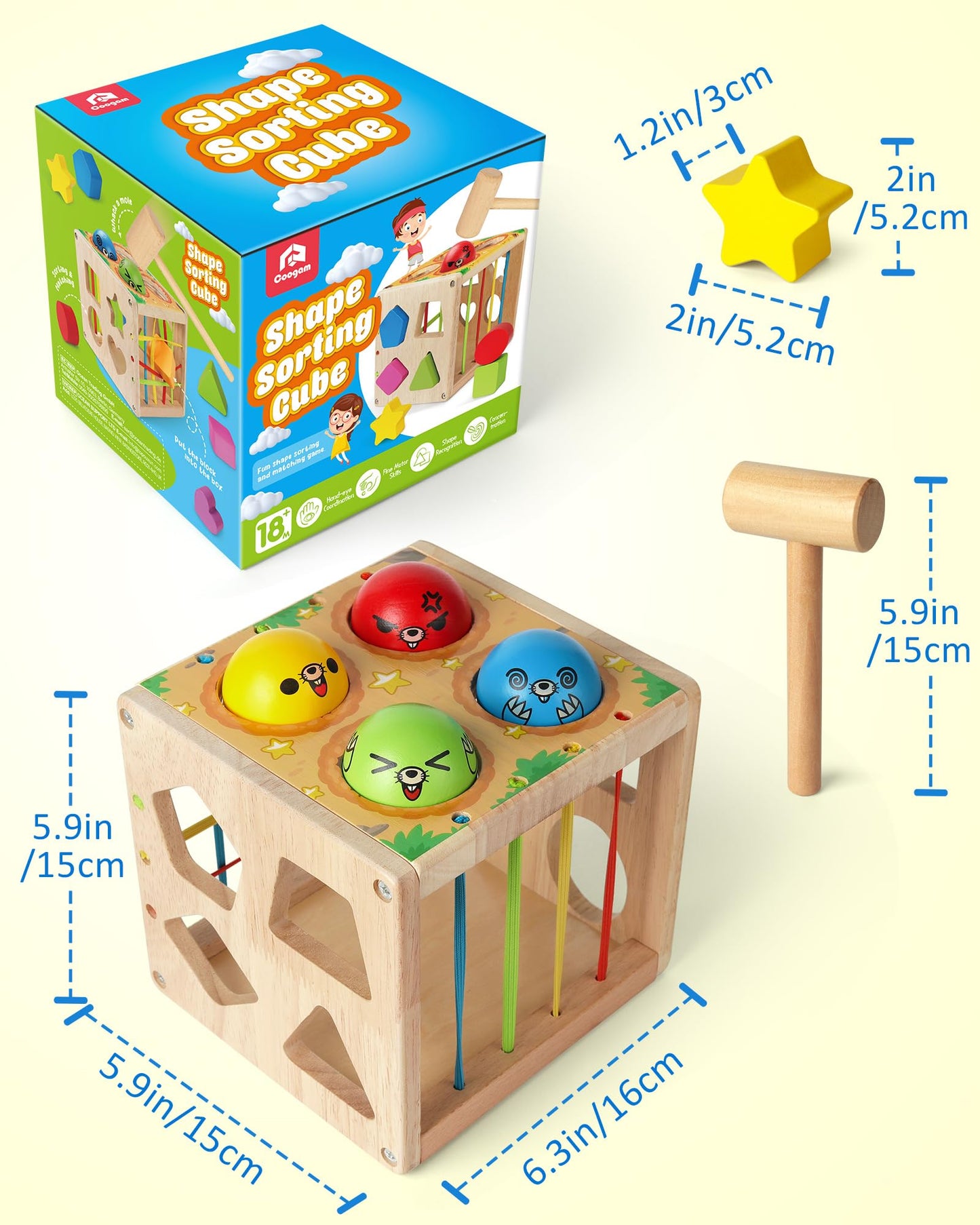 Coogam Wooden Montessori Toys for Toddlers, Shape Sorting Cube Whack Mole Fine Motor Skills Game for Boys Girls Gift