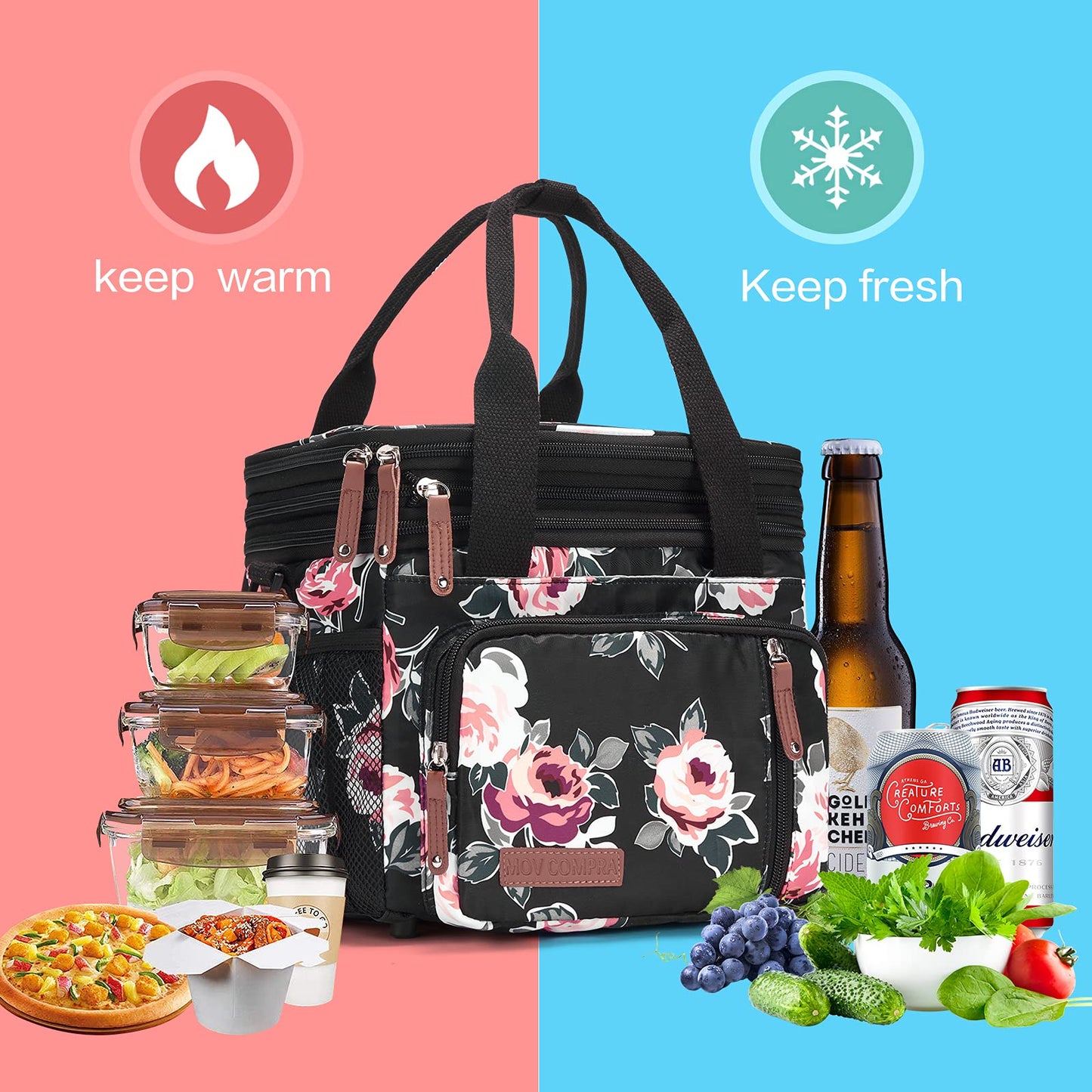 Lunch Bag Women Flower Insulated Lunch Box for Work, Expandable Large Lunch Bag, Leakproof Double Deck Lunch Box Cooler Bag with Removable Shoulder Strap(Flower)