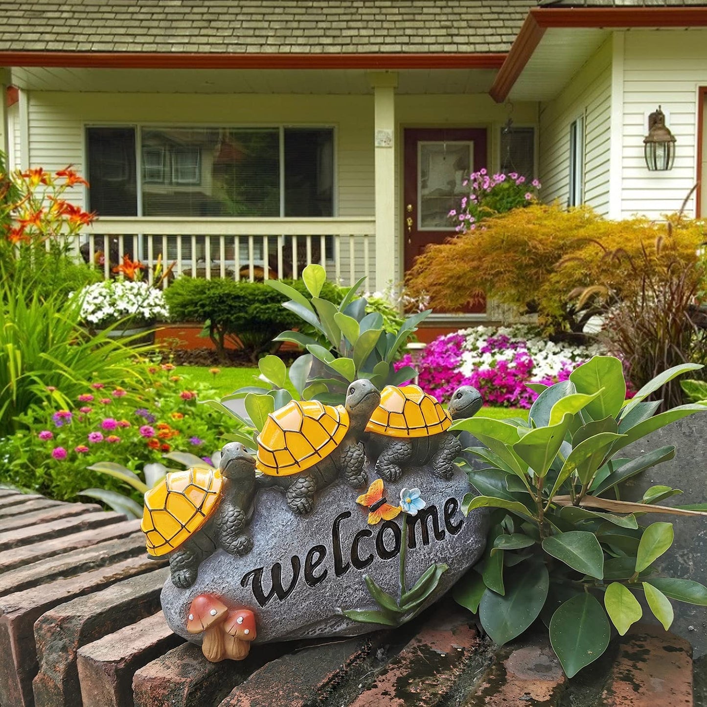 Solar Garden Statue Outdoor Waterproof Turtle Decor Light, 3 Turtles on a Rock Solar Outdoor Figurine Lights with Welcome Sign, Lawn Ornaments for Patio Yard Pathway Walkway