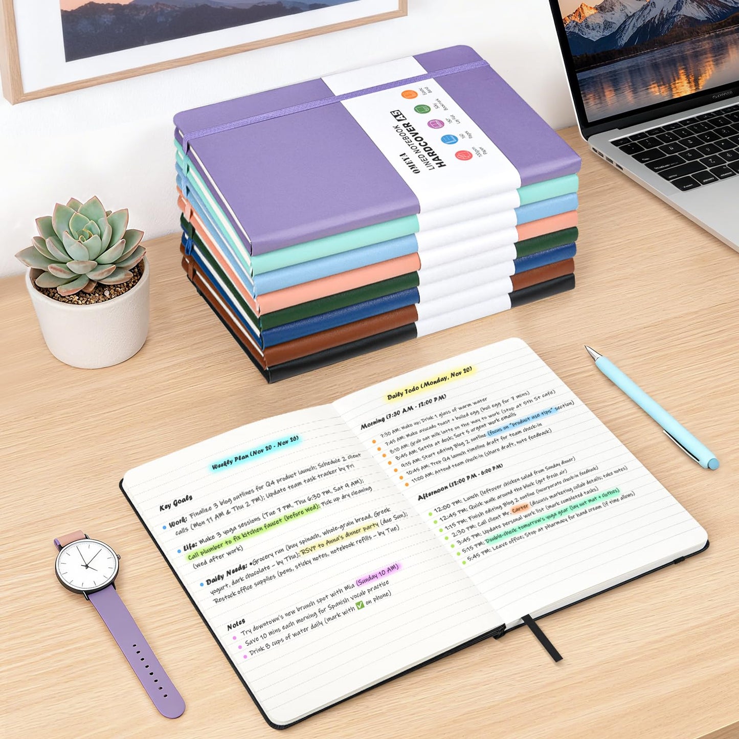 OMEYA 8 Pack Lined Journal Notebooks for Work, 100gsm Thick Paper, 5.7"x 8.3", A5 College Ruled Black Notebook Bulk, Leather Journal for Writing, Hardcover Notebooks for School, Office, Journal for Men