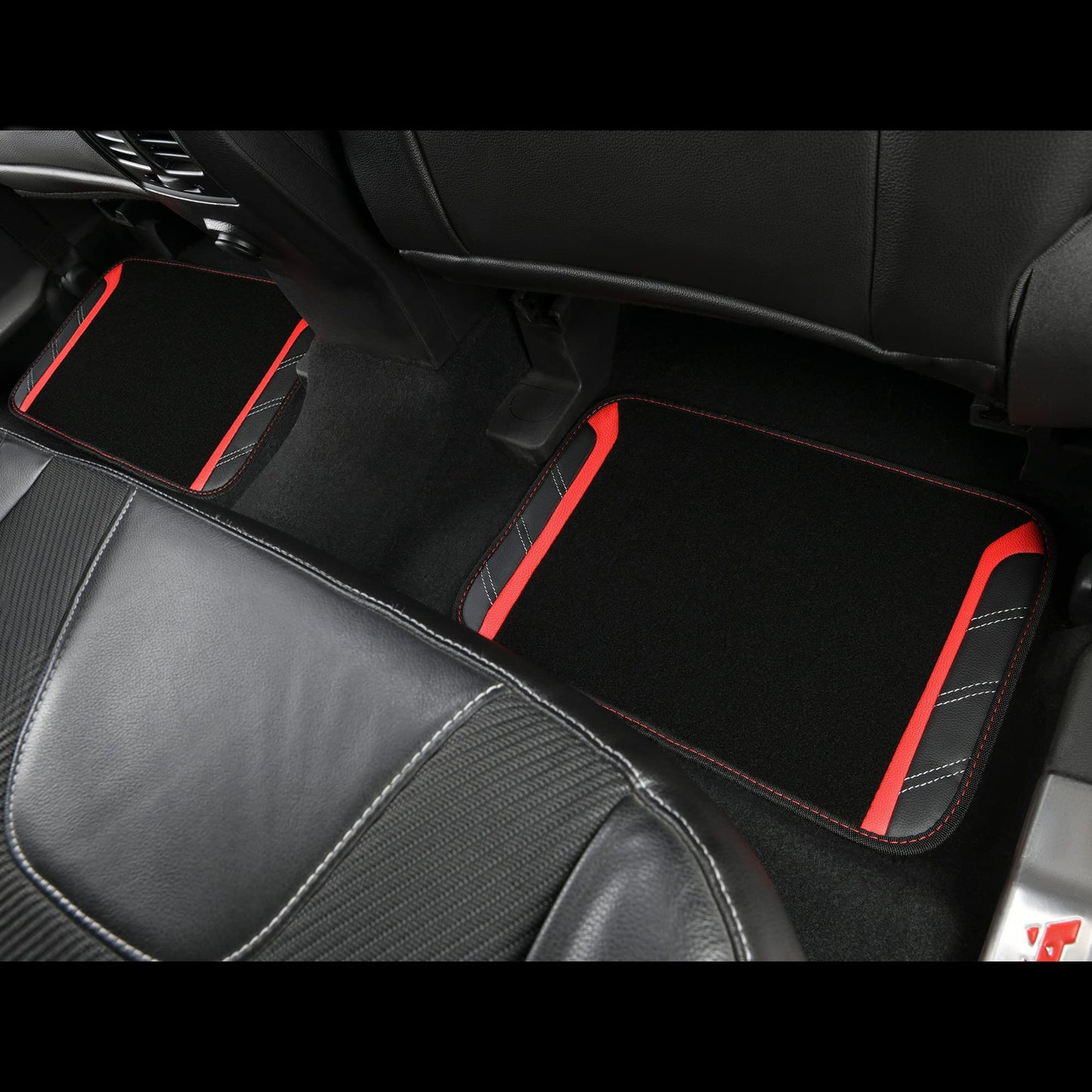 CAR PASS Leather Steering Wheel Cover and Waterproof Car Floor Mats,Microfiber Universal Car Combo Fit for 95% Sedan,SUV,Cars,14.5-15inch Sporty Anti-Slip Safety Comfortable Design(Black&Red)