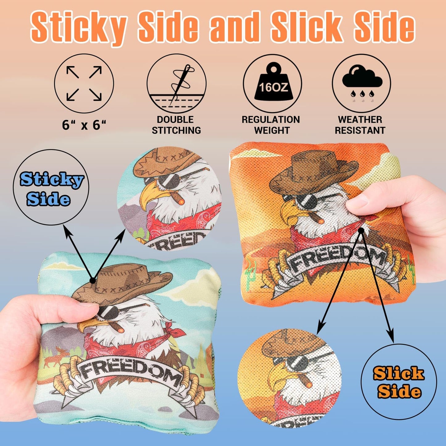 EunHo Cornhole Bags Regulation Dual Sided Set of 8, Non-Dusty Cornhole Bean Bags Slick & Sticky Side Bags with Carry Bag (Cow/Eagle)