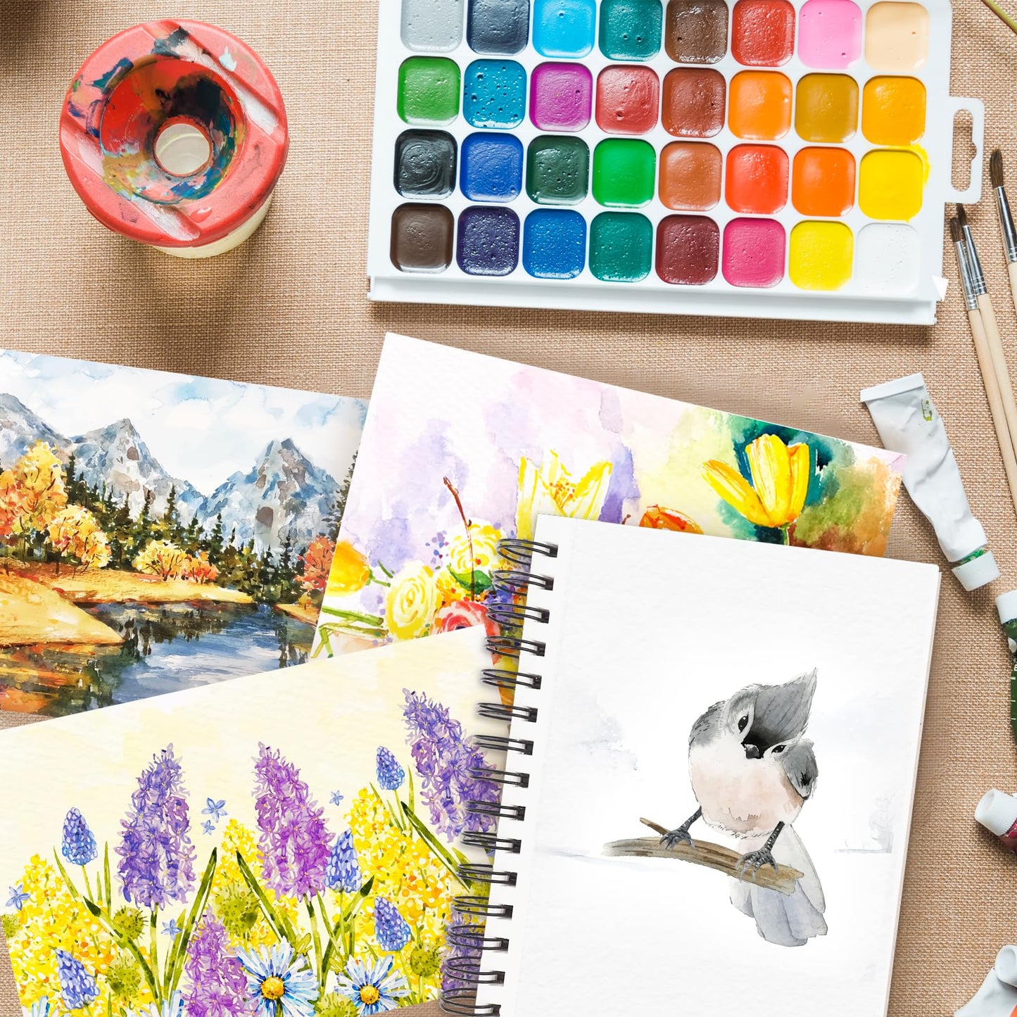 Funto Watercolor Pad 5.5x8.5", 3-Pack, 90 Sheets (140 lb/300 gsm), Double-Sided Cold Press Paper, Spiral Bound, Heavyweight Paper for Watercolor Painting, Ideal for Beginners, Artists and Professionals