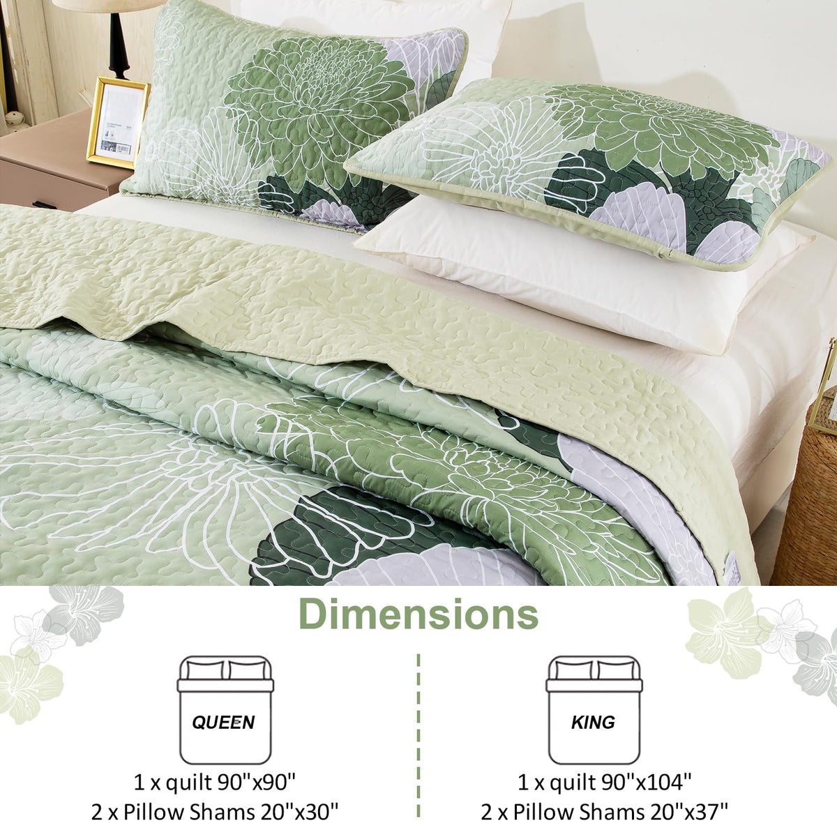 Yiran Floral Quilt Set Queen Size Sage Green Botanical Bedspreads Bedding Set 3 Pieces Lightweight Summer Coverlet with 2 Pillow Shams 96x90 Inch