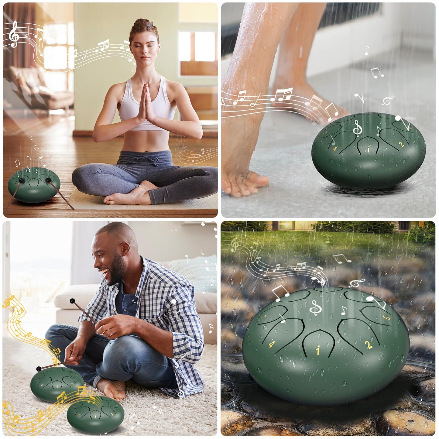 Rain Drum for Outside Garden, 6 Inches 8 Notes Steel Tongue Chakra Drum, Balmy Meditation Panda Drum, Musical Instruments for Kids, Adults Gift Sound Healing (Green)