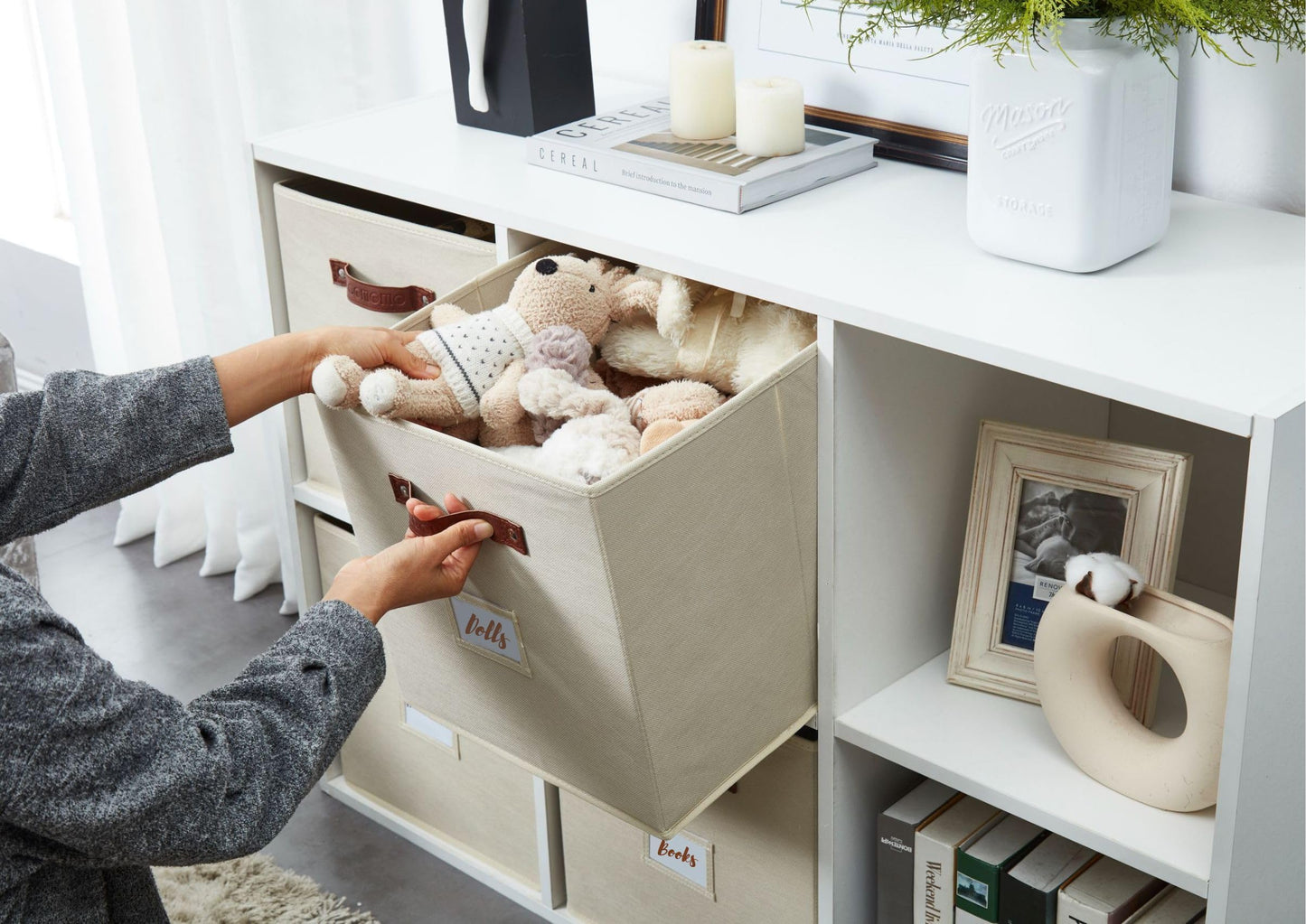 DECOMOMO Storage Basket 13x15x13 Baskets Storage Organization, Bins with Labels (Kallax/ 4pcs, Beige)