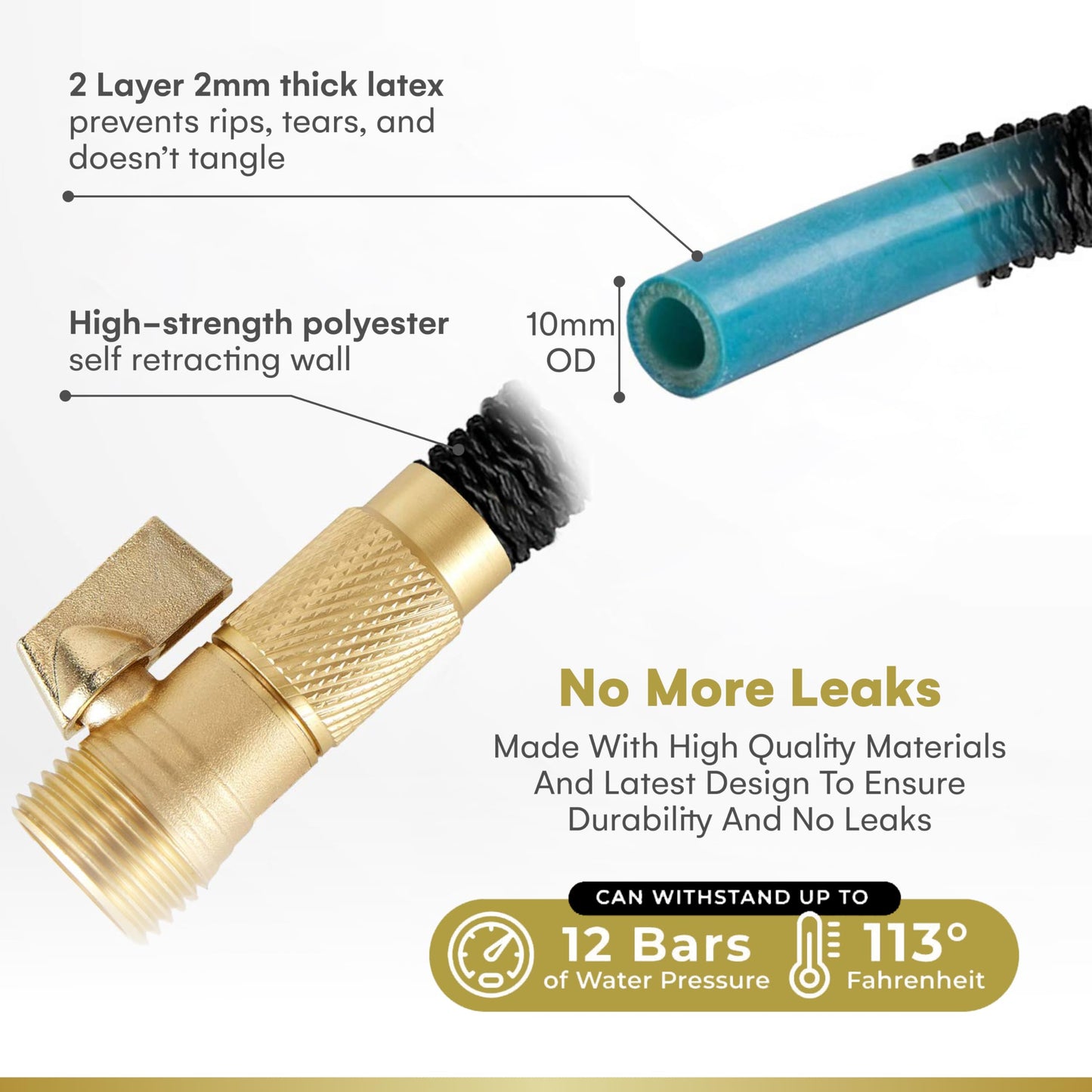 Flexi Hose with 8 Function Nozzle Expandable Garden Hose, Lightweight & No-Kink Flexible Garden Hose, 3/4 inch Solid Brass Fittings and Double Latex Core, 50 ft Black