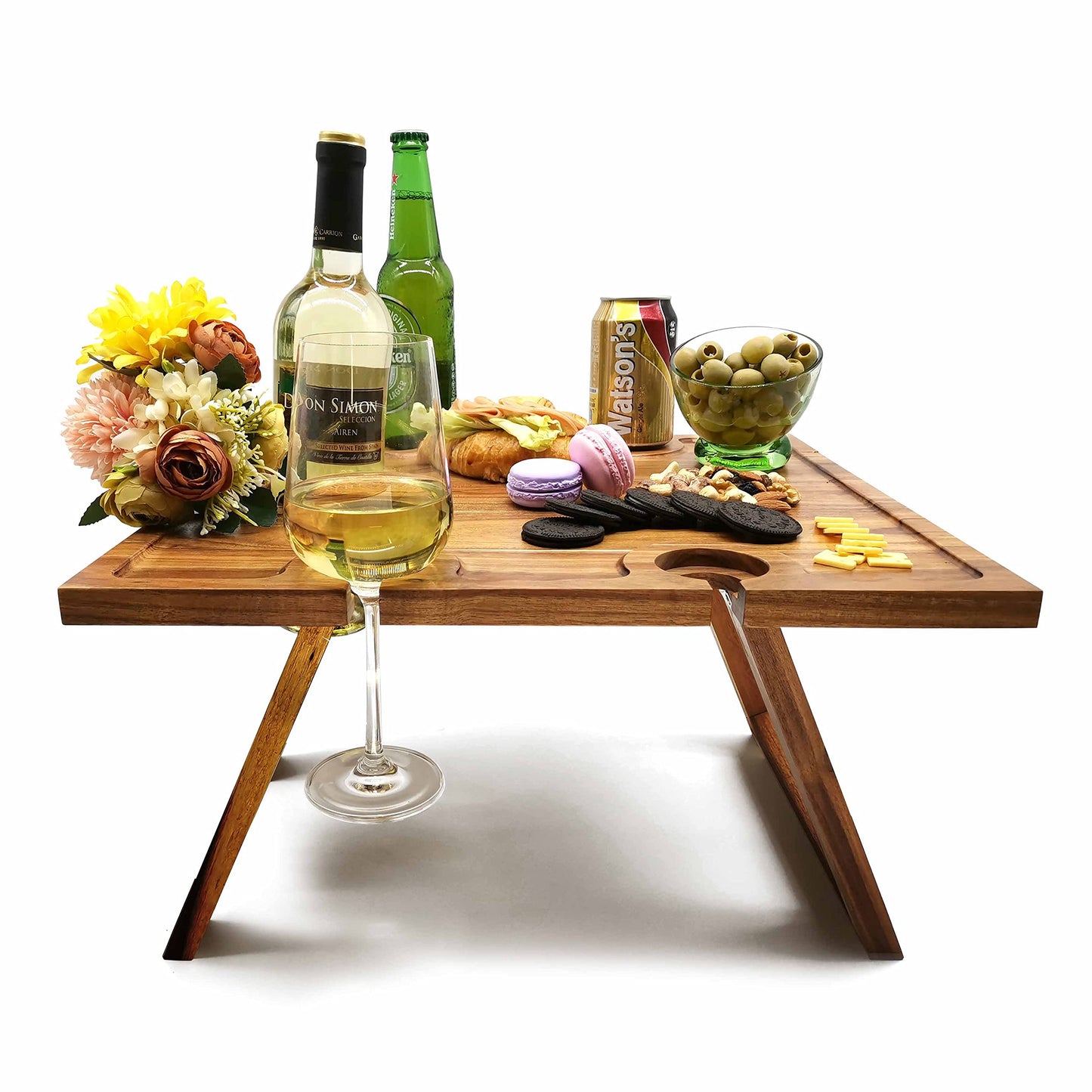 SASIDO Portable Wine Picnic Table Foldable, Christmas Wine Gifts, Acacia Wood, Charcuterie Board Tray, Bed Tray, Decor for Romantic Dinners, Beach, Camping, Concerts at Park, Glamping