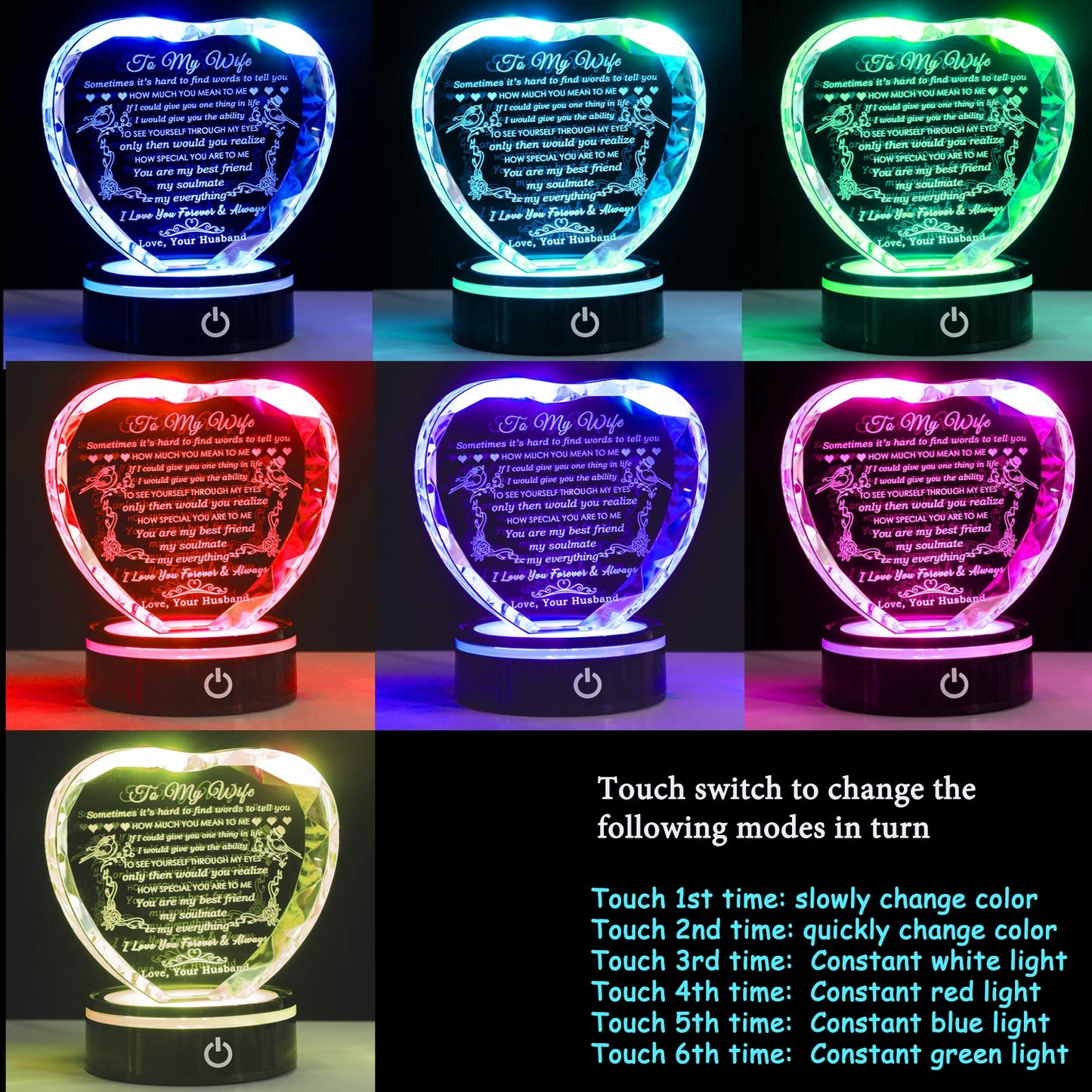 YWHL Gifts for Wife: Crystal Heart Keepsakes with LED Base - I Love You Gifts for Her from Husband