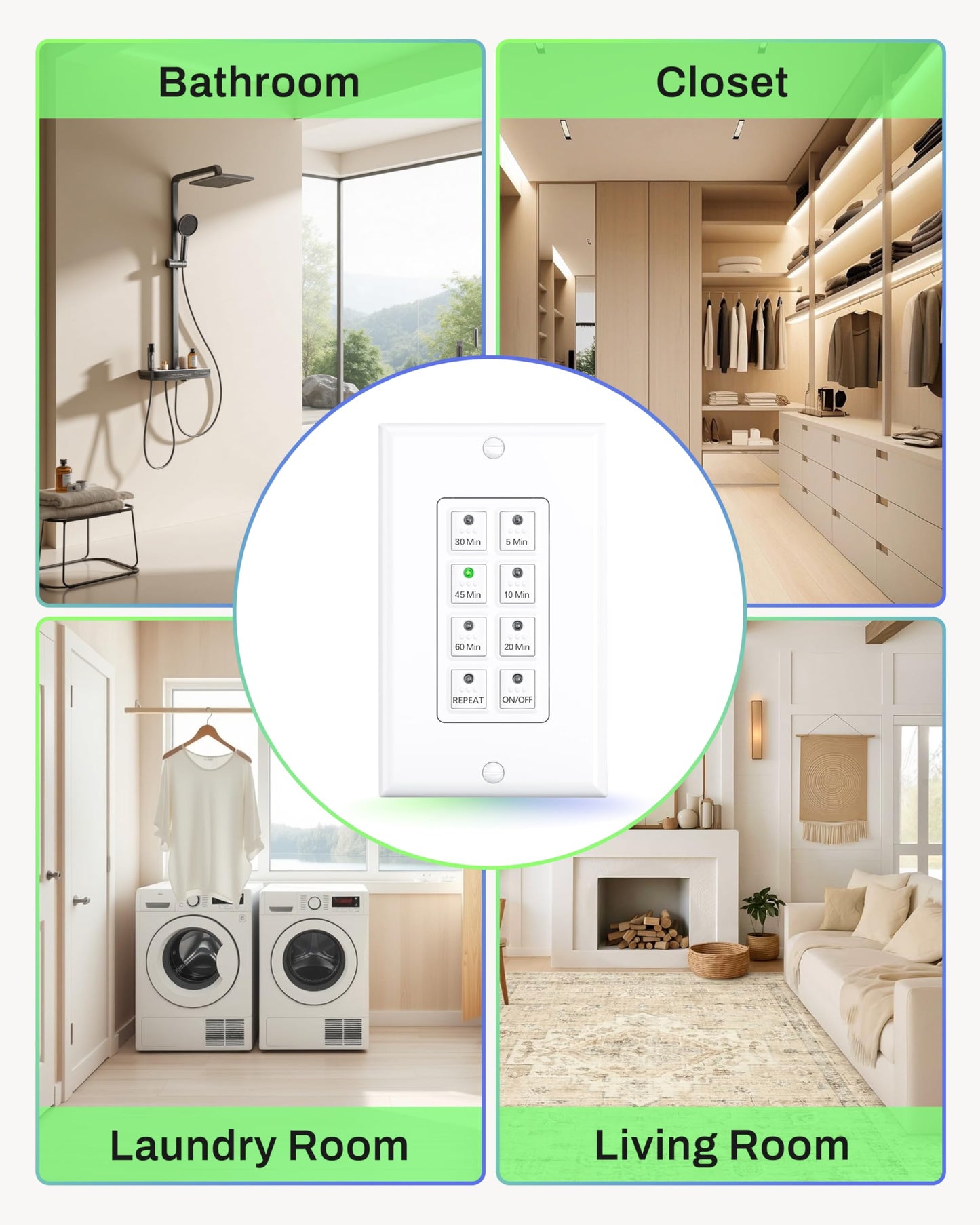 BN-LINK Countdown Digital Wall Timer Switch for Exhaust Fan with Push Button 5-10-20-30-45-60mins, Bathroom Fan Light Switch Timer Indoor, Neutral Required, Wall Plate Included, White