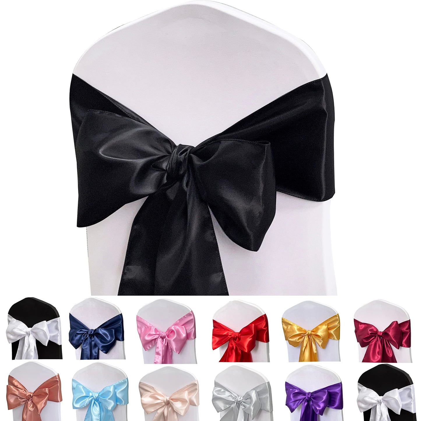 Maiangel Satin Chair Sashes Bows-50PCS Chair Ribbon Ties Back Sash for Wedding Party Events Banquet Chair Cover Decoration (Black)