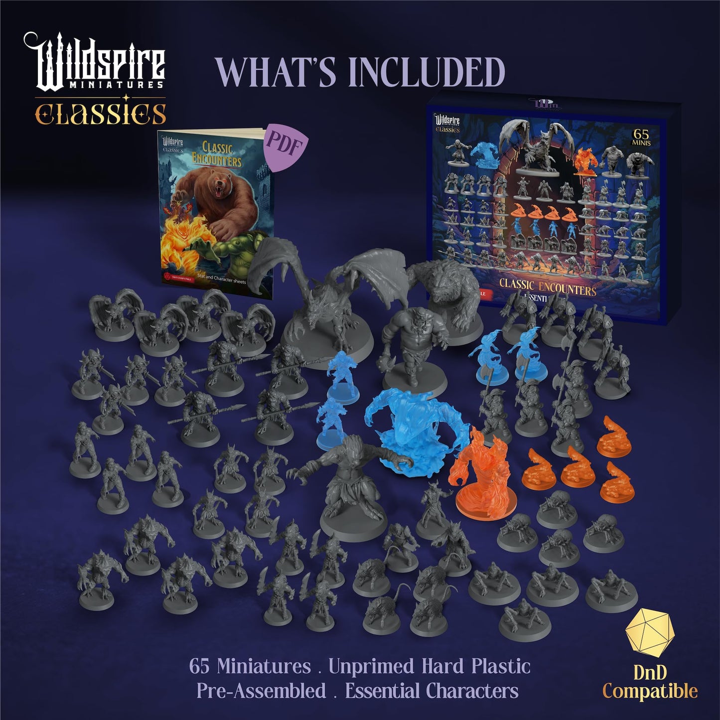 Classic Encounters - Essential Set - 65 Iconic DND Miniatures Bulk Monsters, 28mm, Unpainted Tabletop RPG DND Minis Figures, Dungeons & Dragons D&D Miniatures, Fantasy D&D Figures, Assembled Unprimed