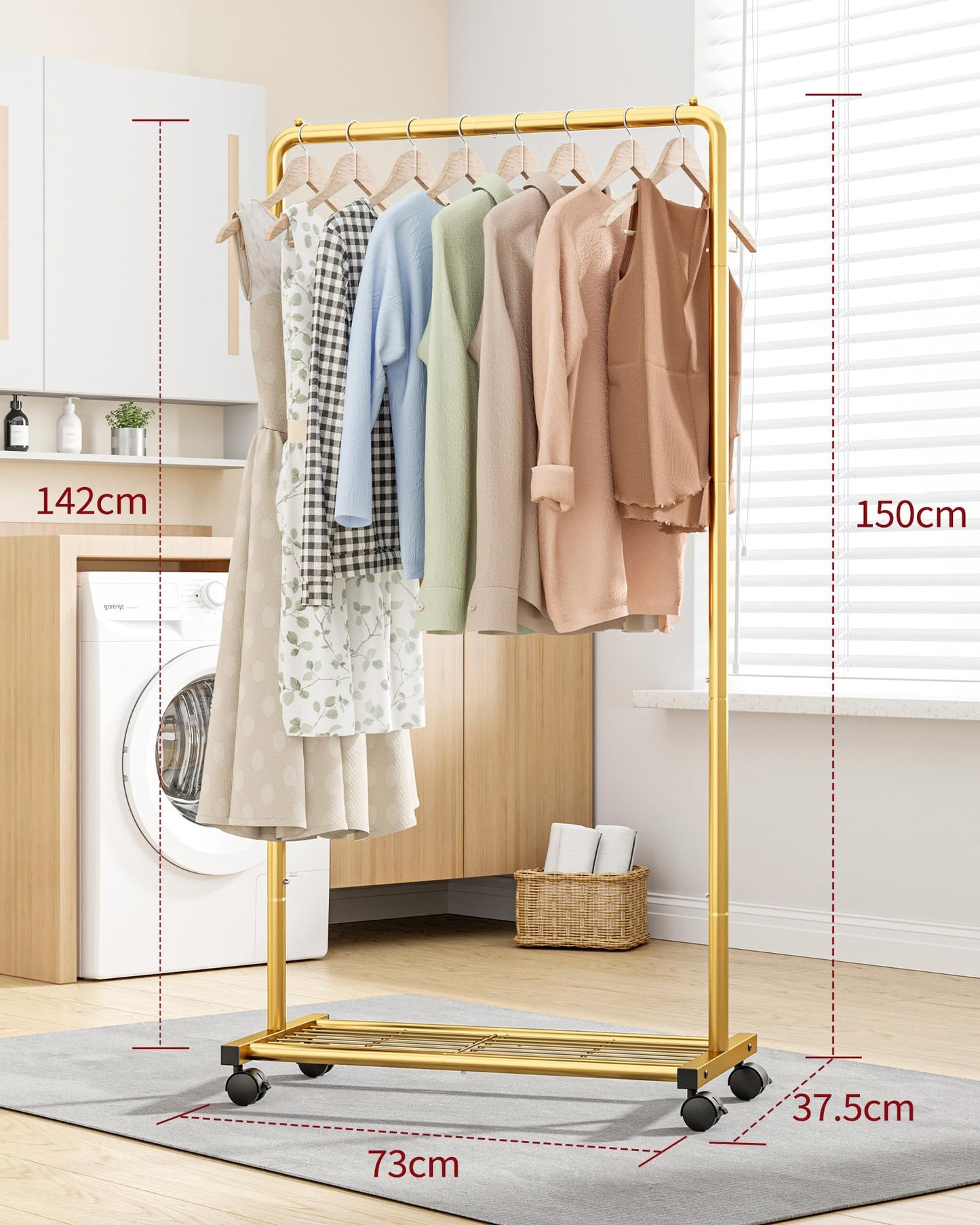 Sakugi Clothing Rack - Movable Multi-Functional Coat Rack with 4 Universal Wheels, Long-Lasting Metal Clothes Rack with Extra Storage Shelf for Bedroom, Office, Laundry(Gold, 73W x 37.5D x 150H cm)