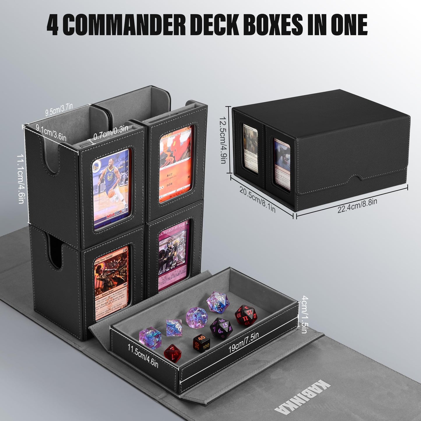 Card Deck Box for MTG with Commander Display, 5 in 1 Trading Card Storage Box Fits 400+ Double-sleeved Cards, Removable Deck Case for TCG/Sports Cards with Dice Tray, 4 Magnetic Card Holders (Black)