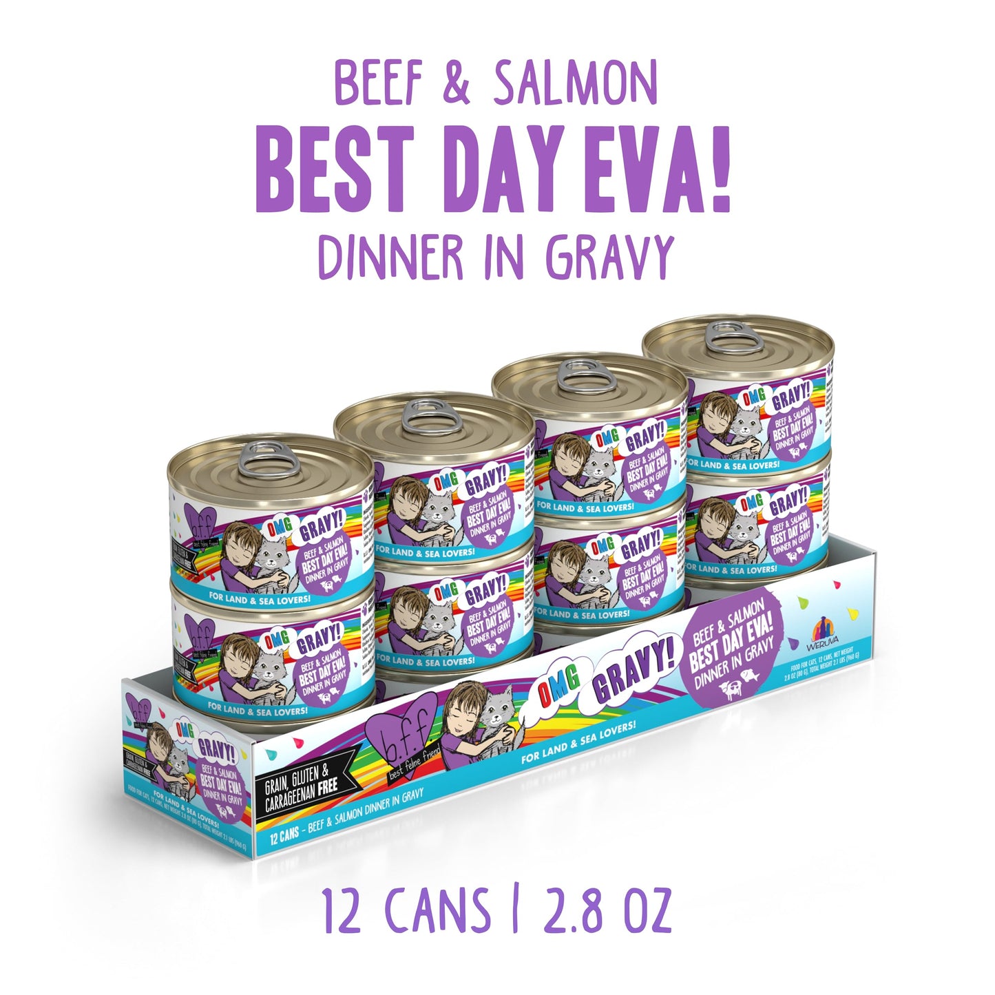 B.F.F. OMG - Best Feline Friend Oh My Gravy!, Best Day Eva! with Beef & Salmon in Gravy Cat Food by Weruva, 2.8oz Can (Pack of 12)
