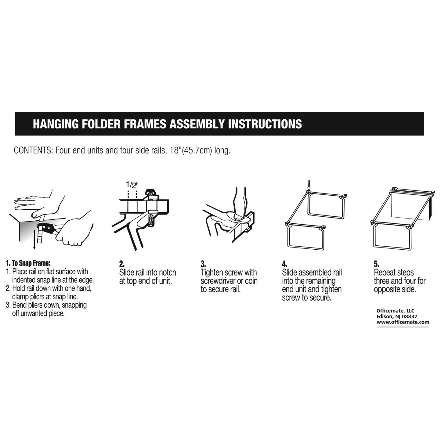 Officemate Hanging File Frames, Letter Size, Rails Fits 24" to 27", Steel, 2 Sets (91999)