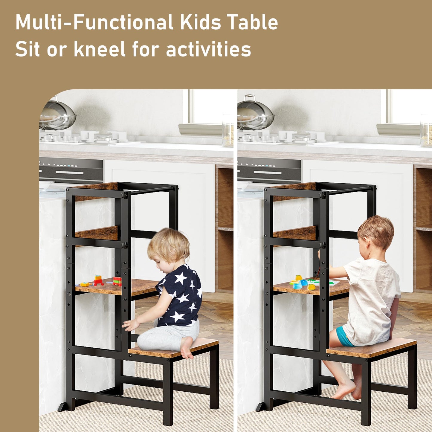 Kids Step Stool for Kitchen, Height Adjustable Toddler Tower with Safety Rail, Steel and Wood Toddler Kitchen Stool Helper Kids, Learning Tower, Nursery Helper Stand Stool