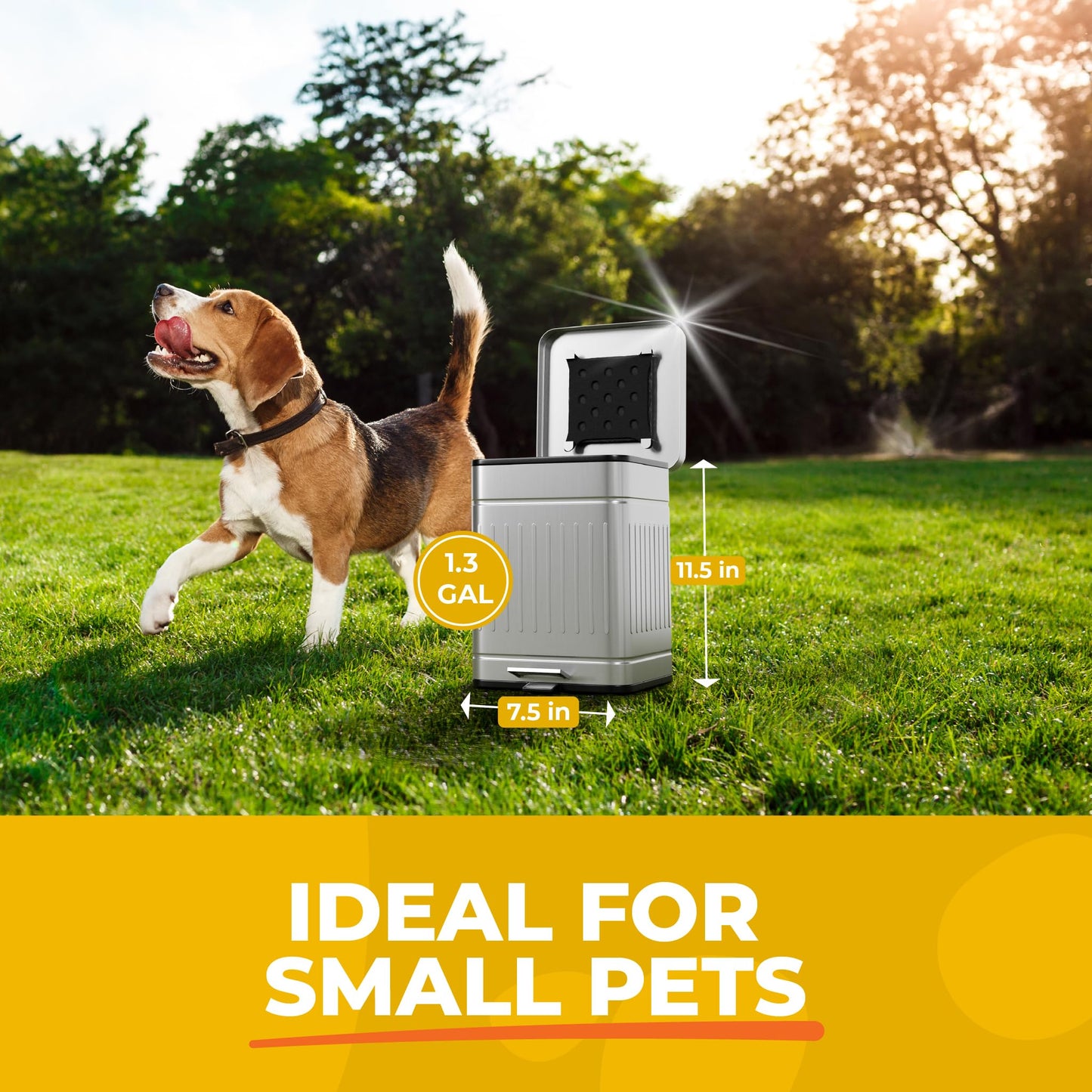 AnimoGoods Stainless Steel Dog Waste Bin, 1.3 Gal, Outdoor, Odor Control, Hands-Free, Soft-Close Lid, Compact, 4.92L, Steel