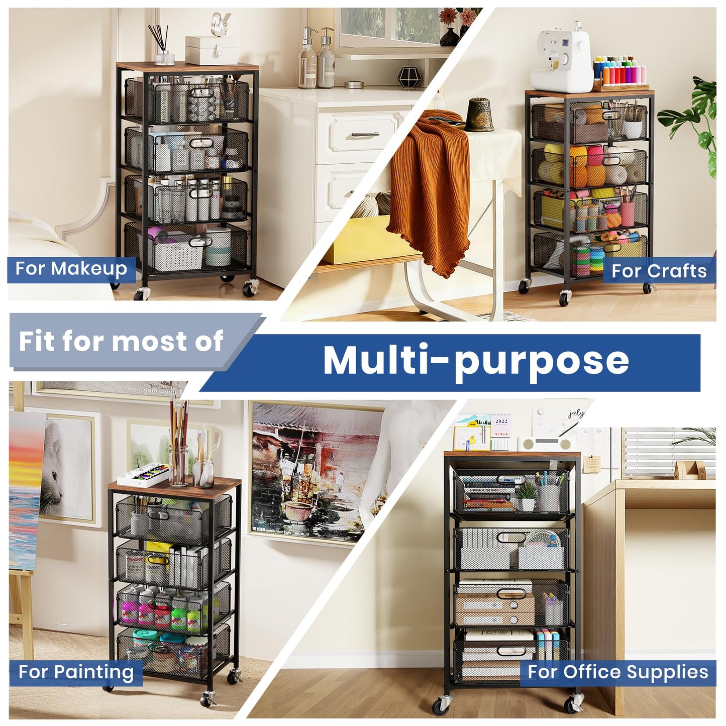 Goovilla Kitchen Cart with Drawers, 4 Tier Metal Rolling Utility Cart Organizer on Lockable Wheels with Wooden Top, Black Fruit Vegetable Storage Rack Also for Cans, Snack, Craft, Art, Office, Beauty
