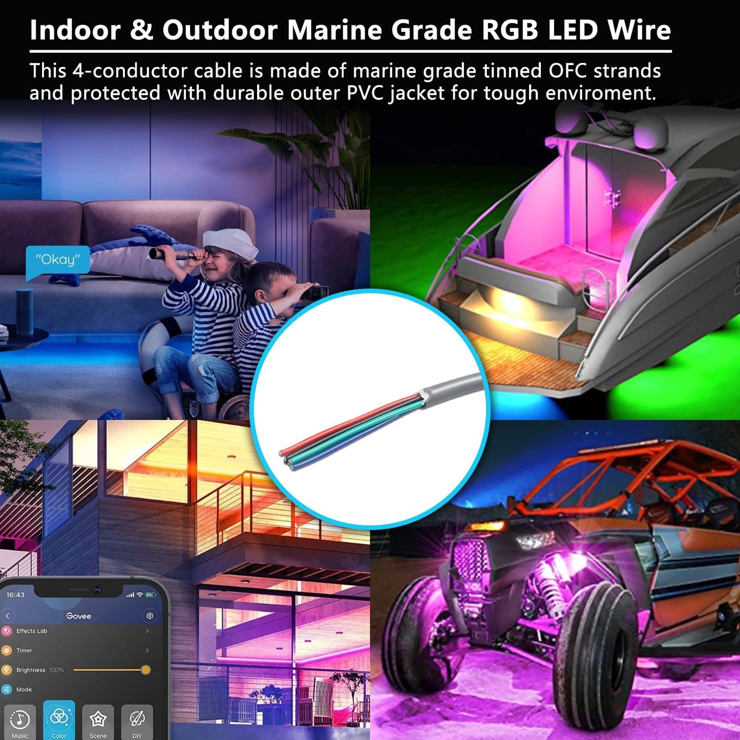 Recoil 100ft 4-Conductor 18AWG Low Voltage RGB LED Wire, LED Extension Cable, Speaker Wire, Tinned 99.99% Oxygen Free Copper for Home, Car & Marine Application