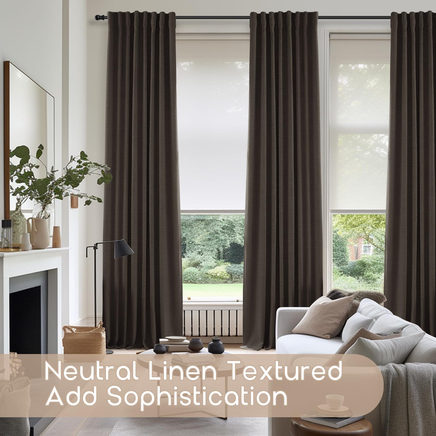 SHINELAND Brown Linen Curtains 96 Inch Long 2 Panels Black Out Curtain for Bedroom Living Room Dining 100% Blackout Room Darkening Dark Curtains Back Tab with Insulated Liners, Dark Brown